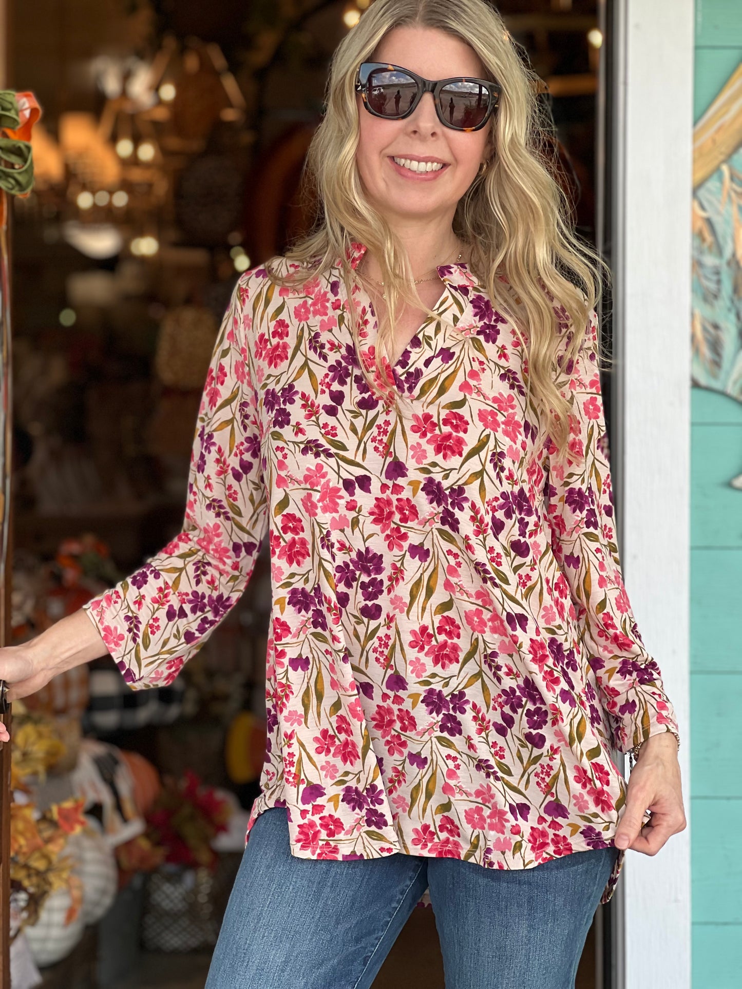 Lizzy Taupe Plum Floral Print 3/4 Sleeve Top