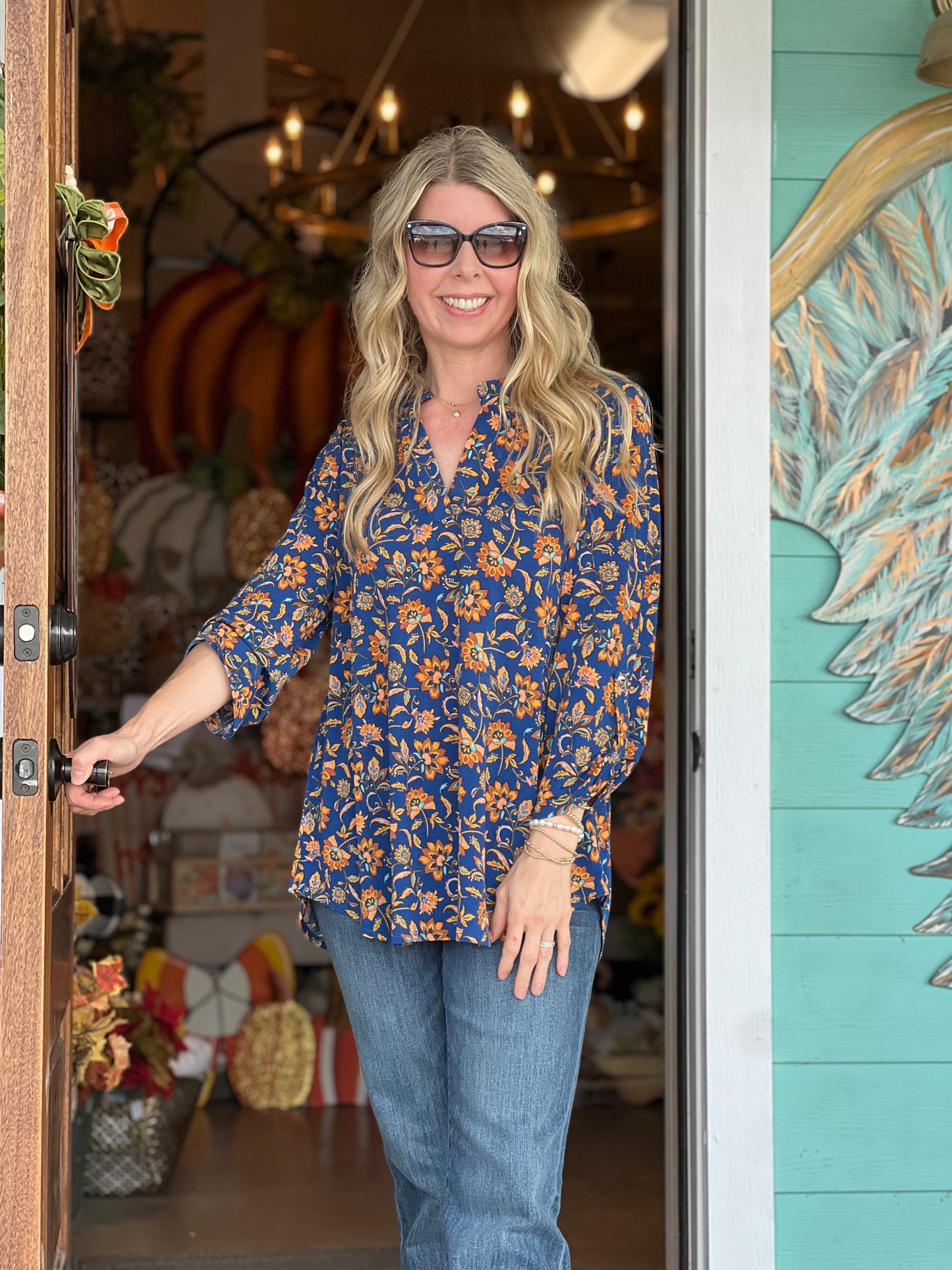 Lizzy Navy Gold Floral Print 3/4 Sleeve Top