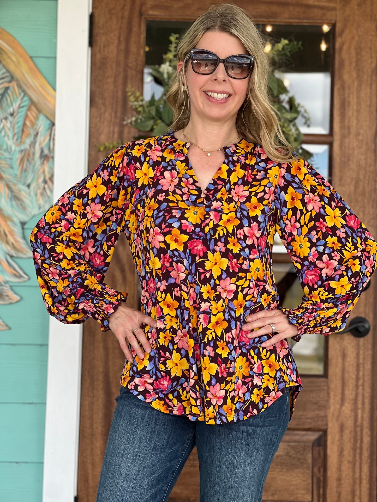 LizSmock Sleeve Chocolate Print Top