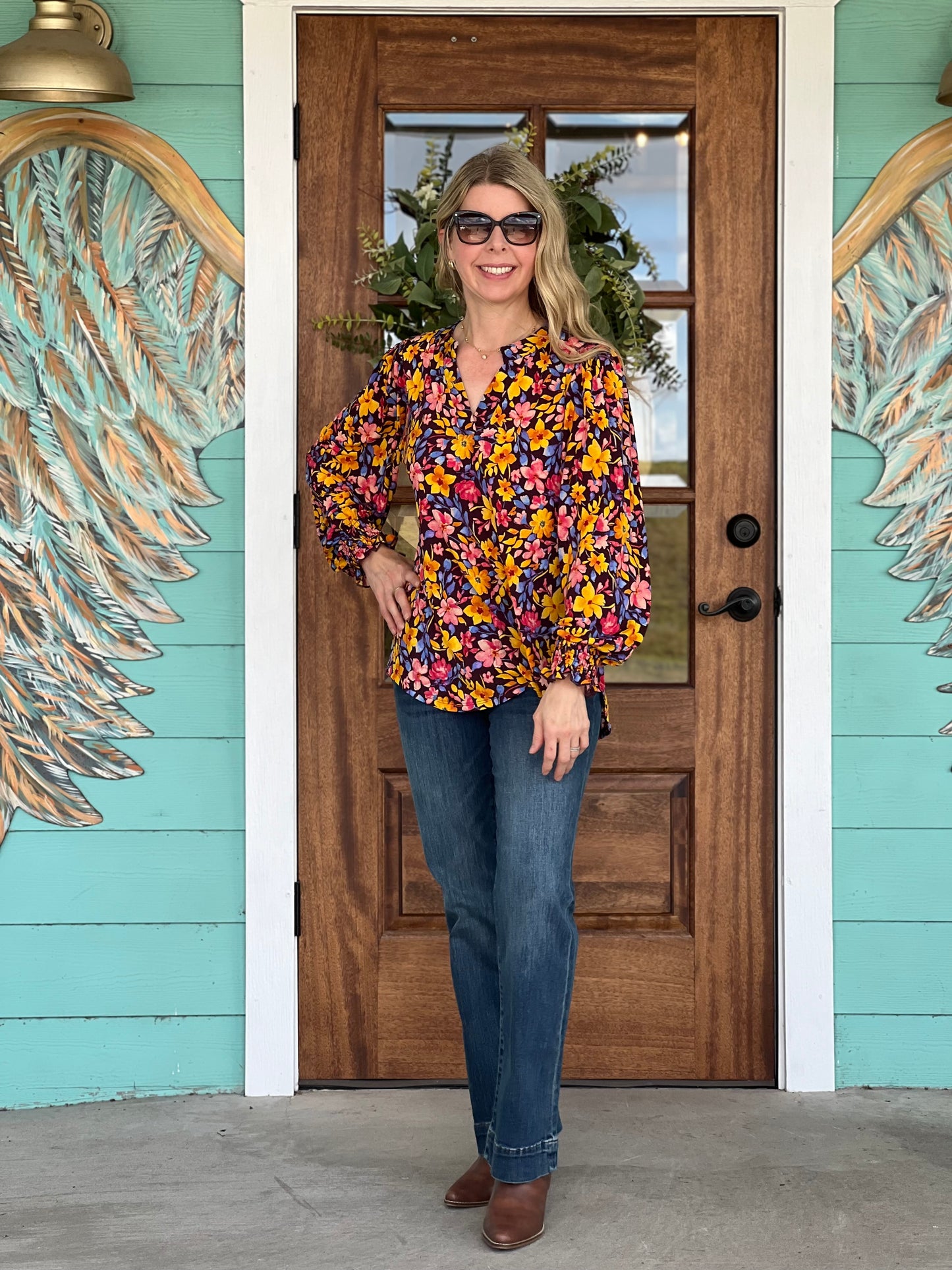 LizSmock Sleeve Chocolate Print Top