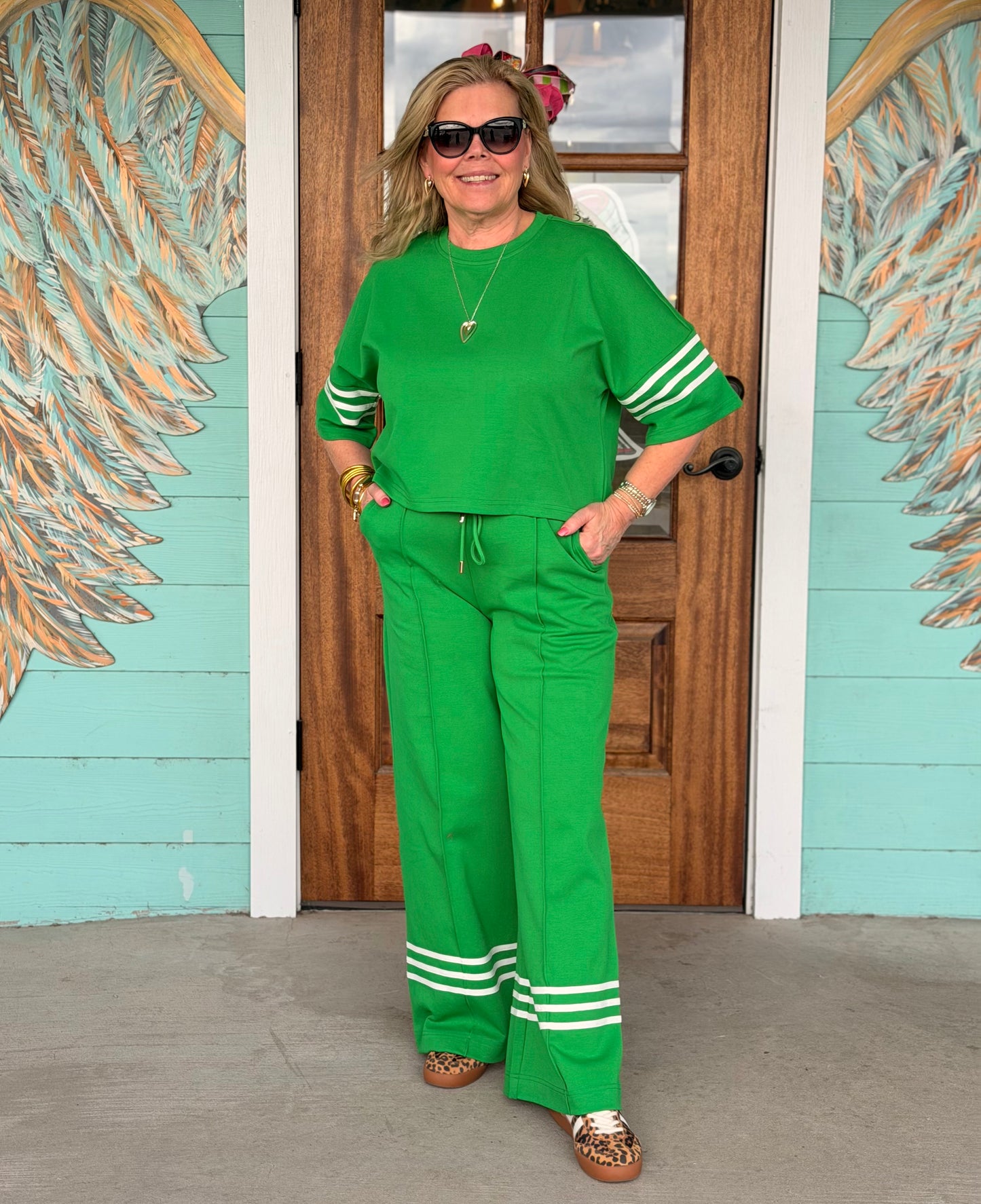 Green w/White Stripe Detail Top