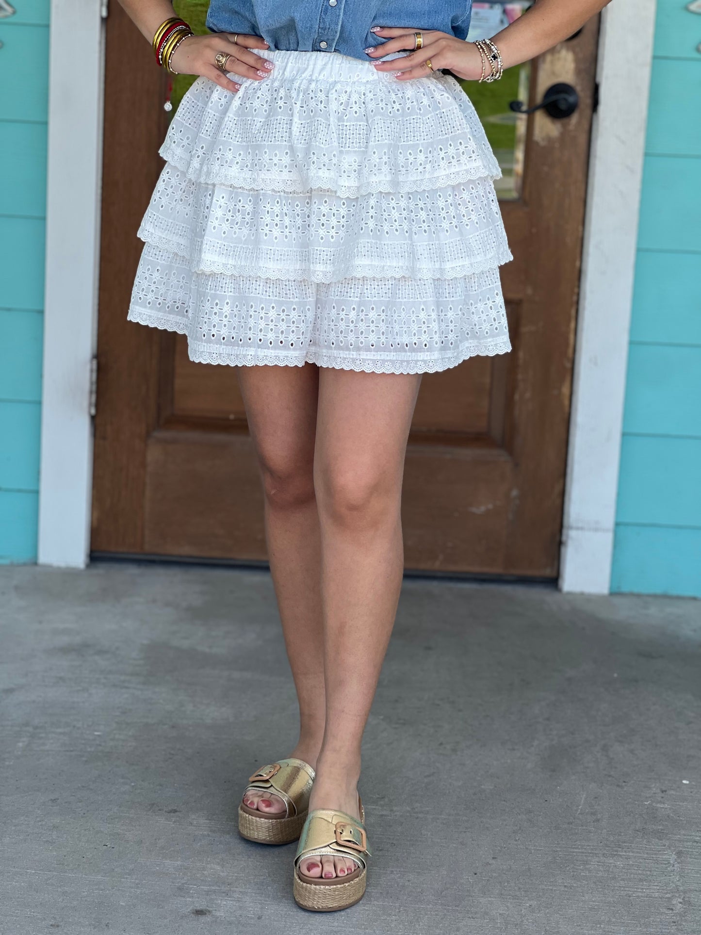 White Eyelet Tiered Mini Skirt