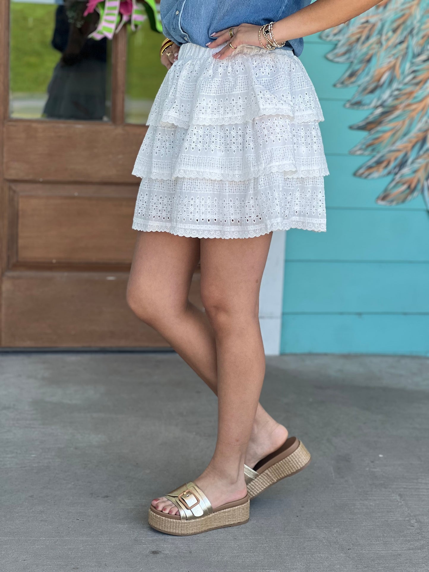 White Eyelet Tiered Mini Skirt