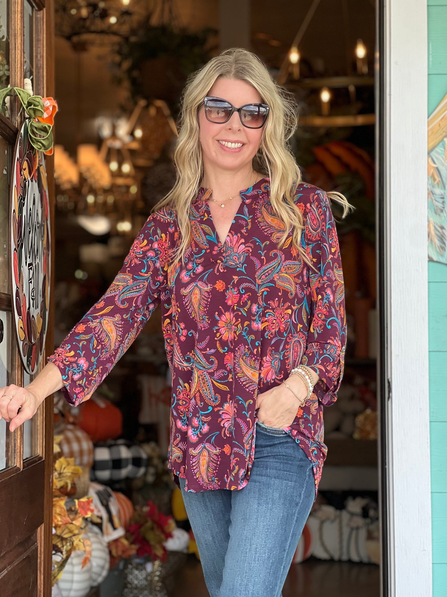 Lizzy Wine Paisley Print 3/4 Sleeve Top