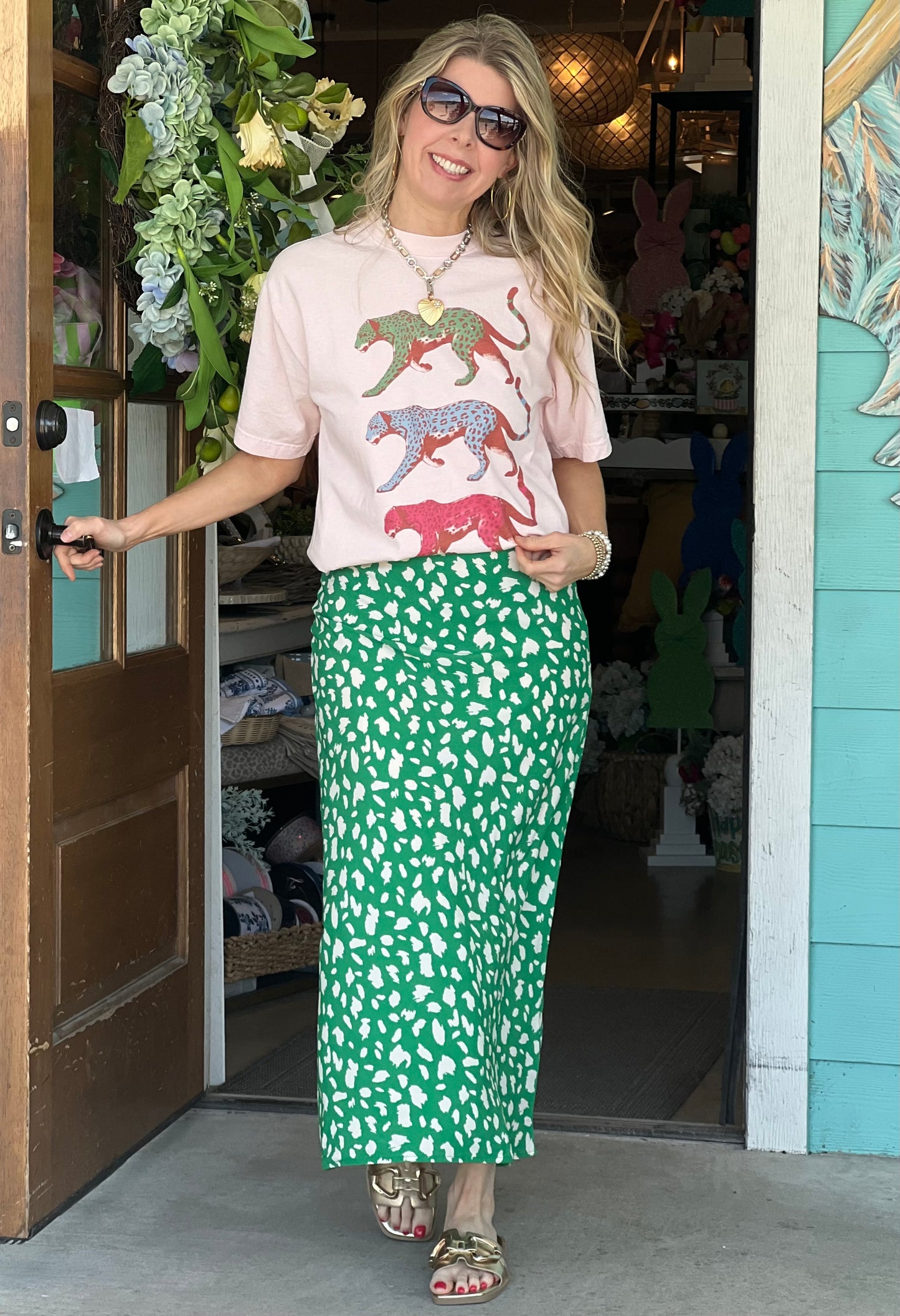 Green Leopard Print Midi Skirt