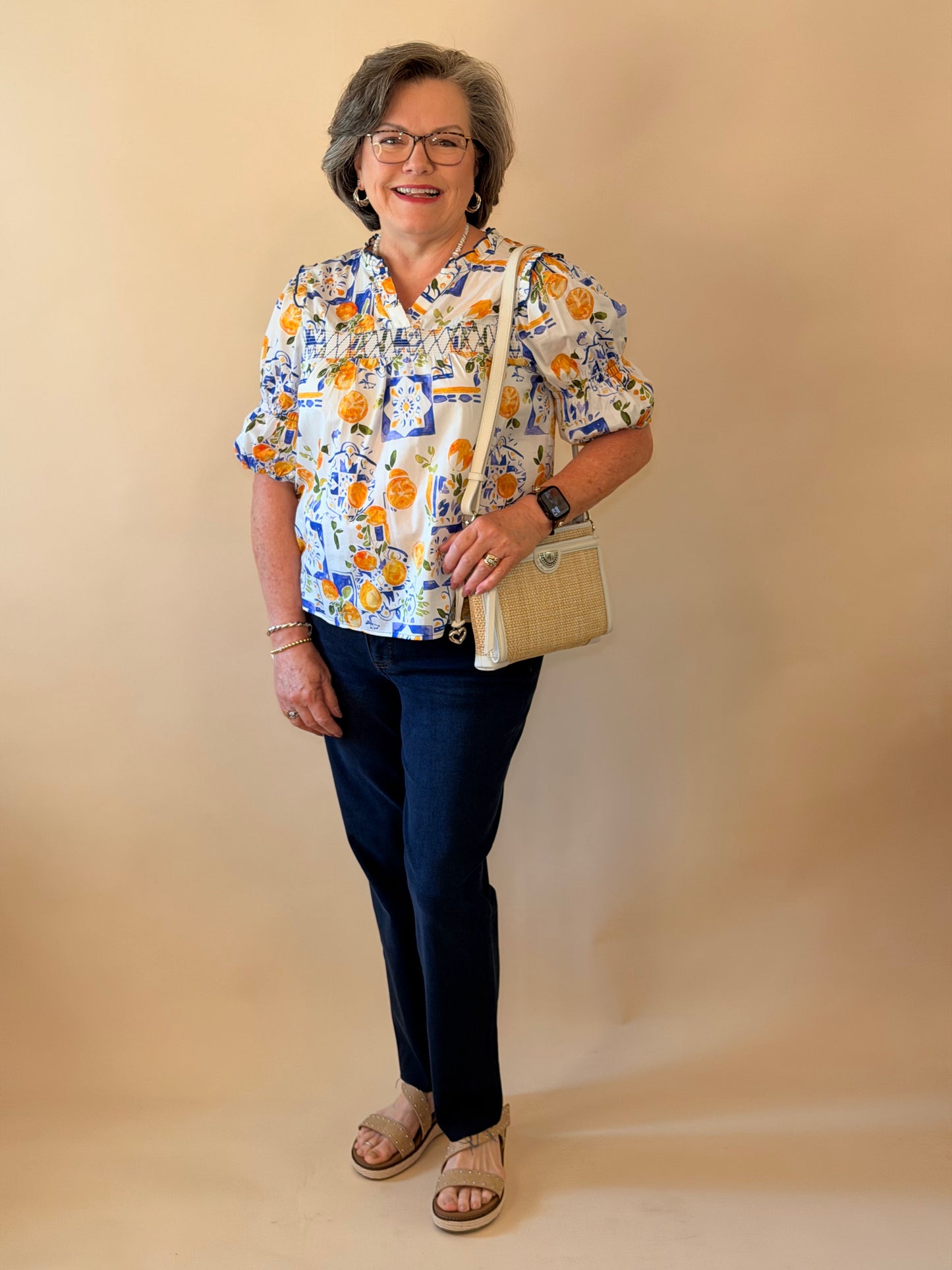 Blue & Yellow Floral Smocked Print Top