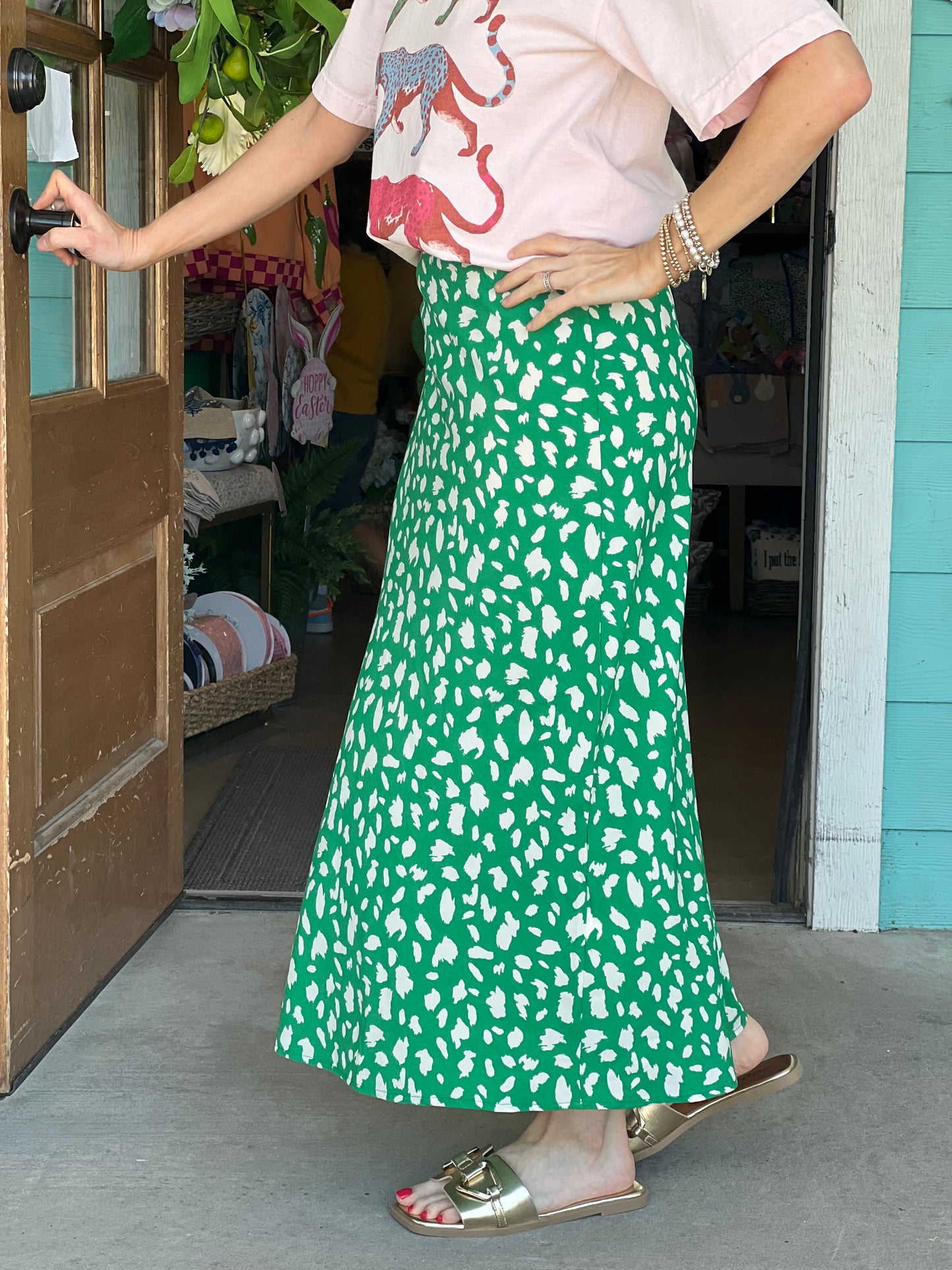 Green Leopard Print Midi Skirt