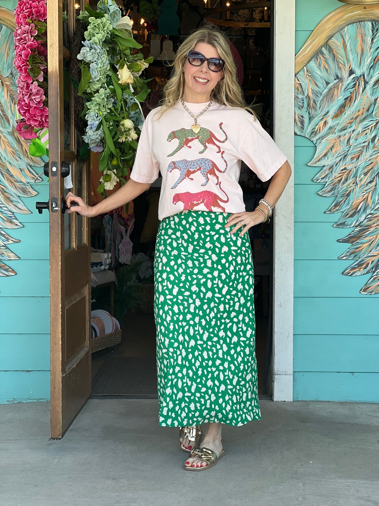 Green Leopard Print Midi Skirt