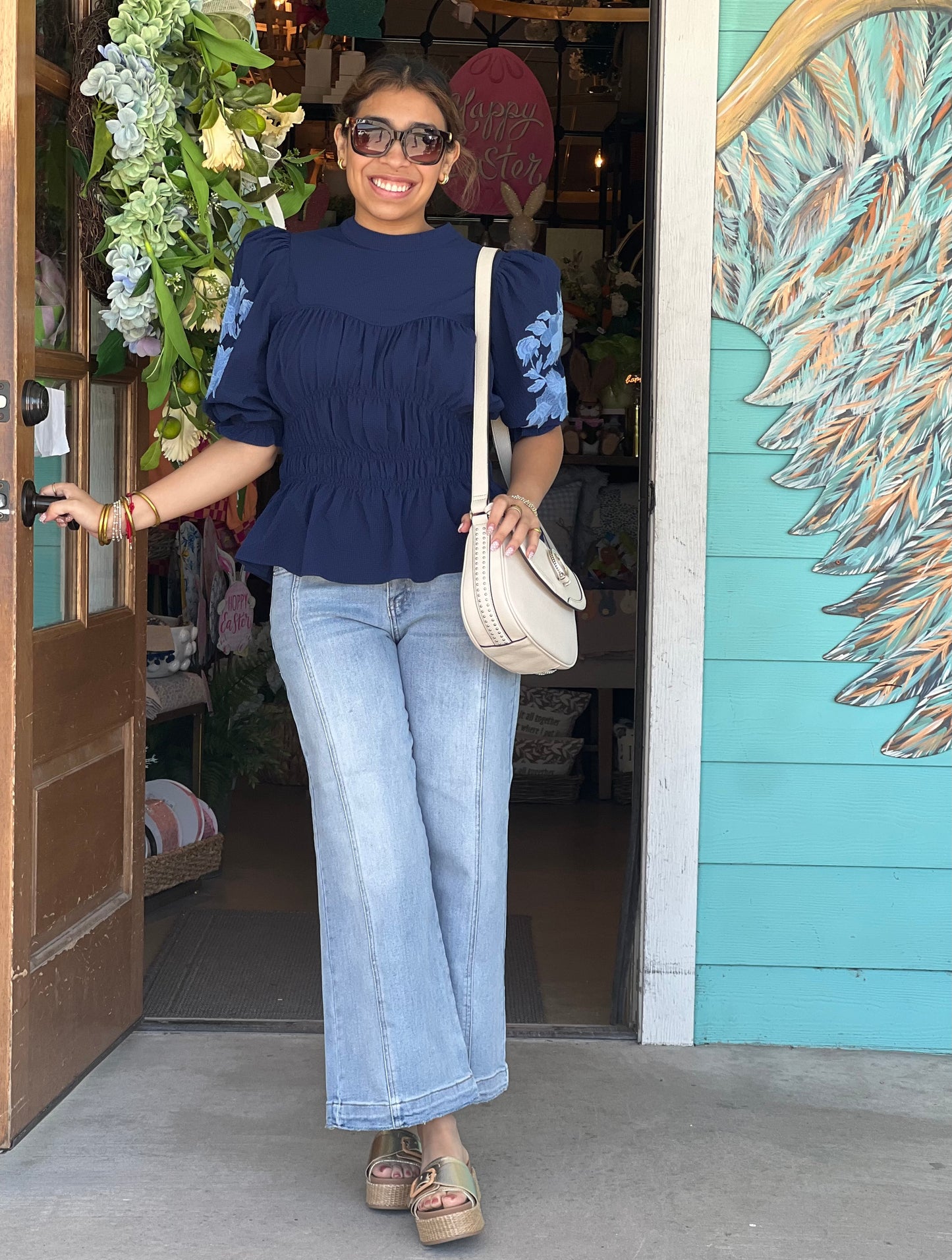 Navy Peplum Puff Sleeve Top