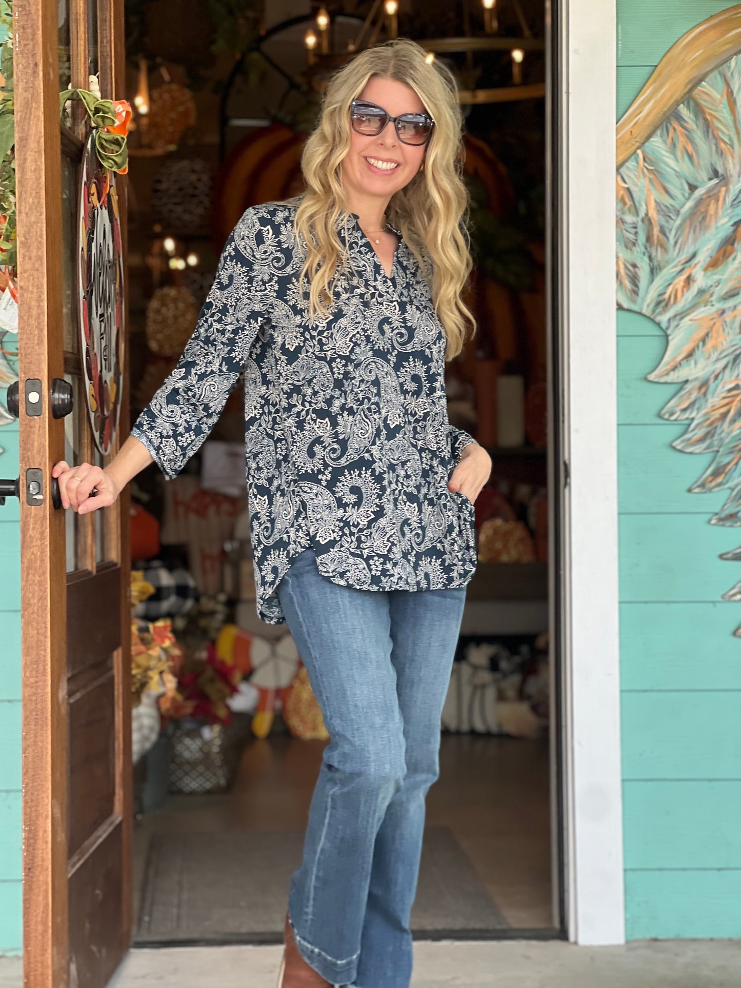 Lizzy Midnight Teal Pattern 3/4 Sleeve Top