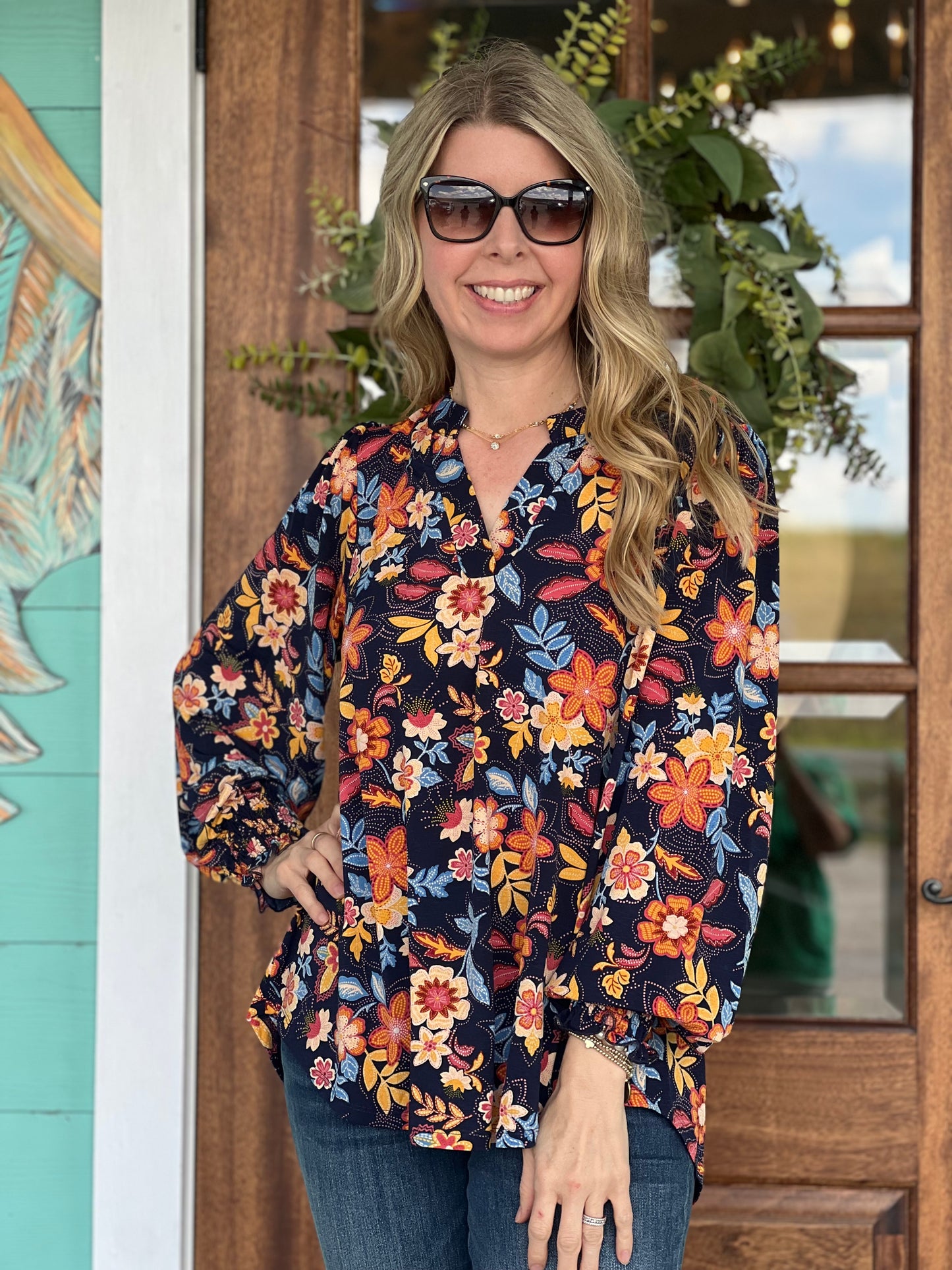 LizSmock Sleeve Navy Top