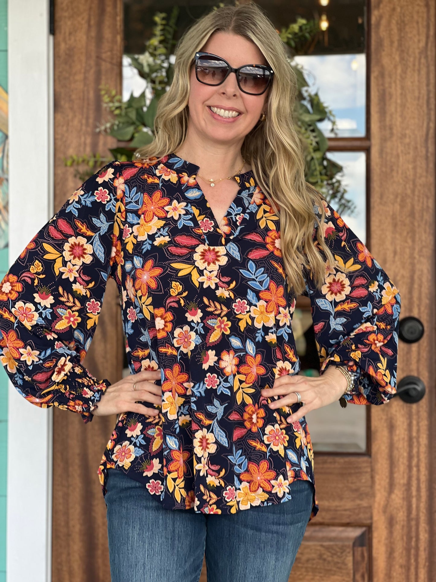 LizSmock Sleeve Navy Top