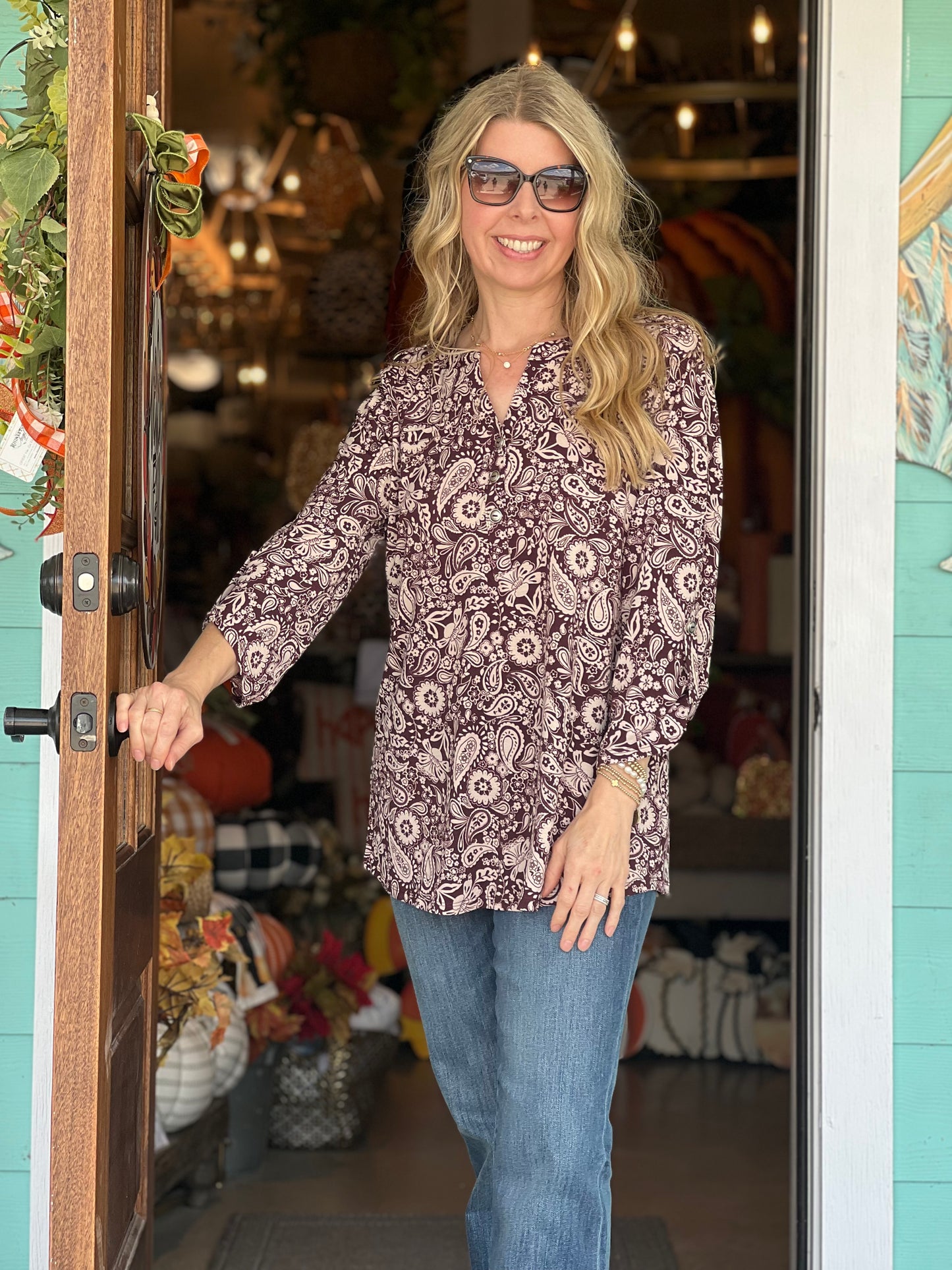 LizLuxe Chocolate Print Button Top