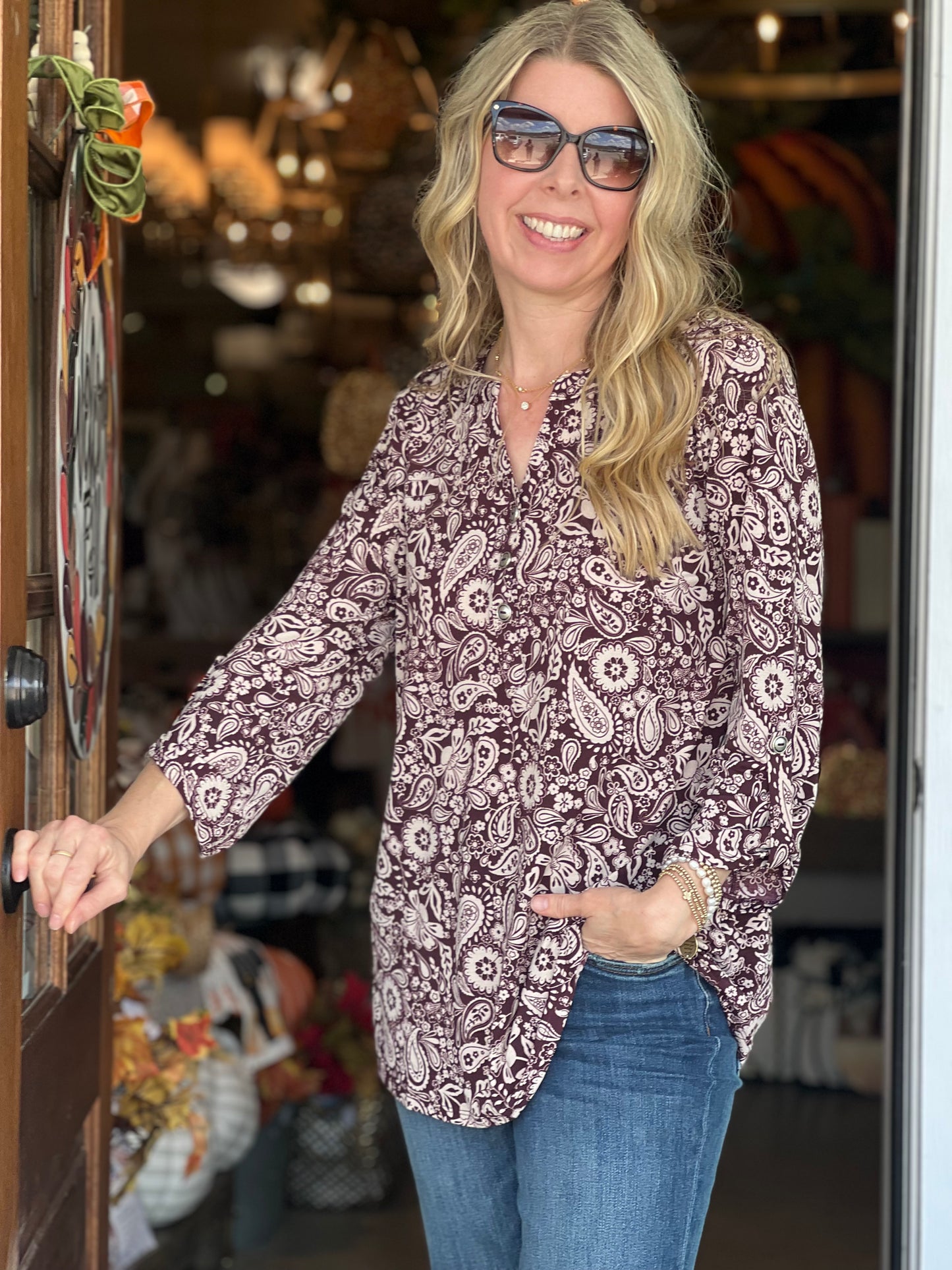 LizLuxe Chocolate Print Button Top