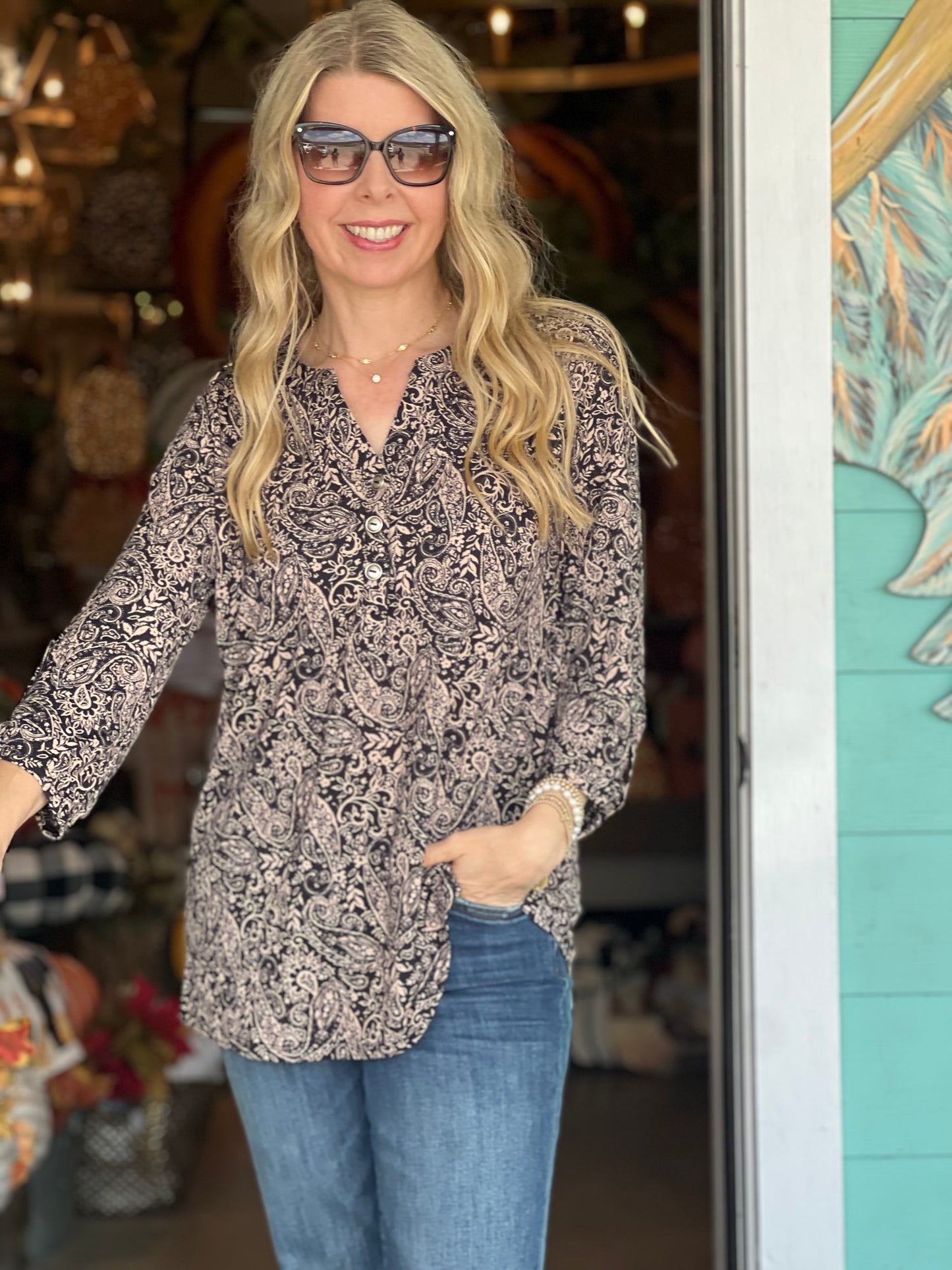 LizLuxe Black Print Button Top