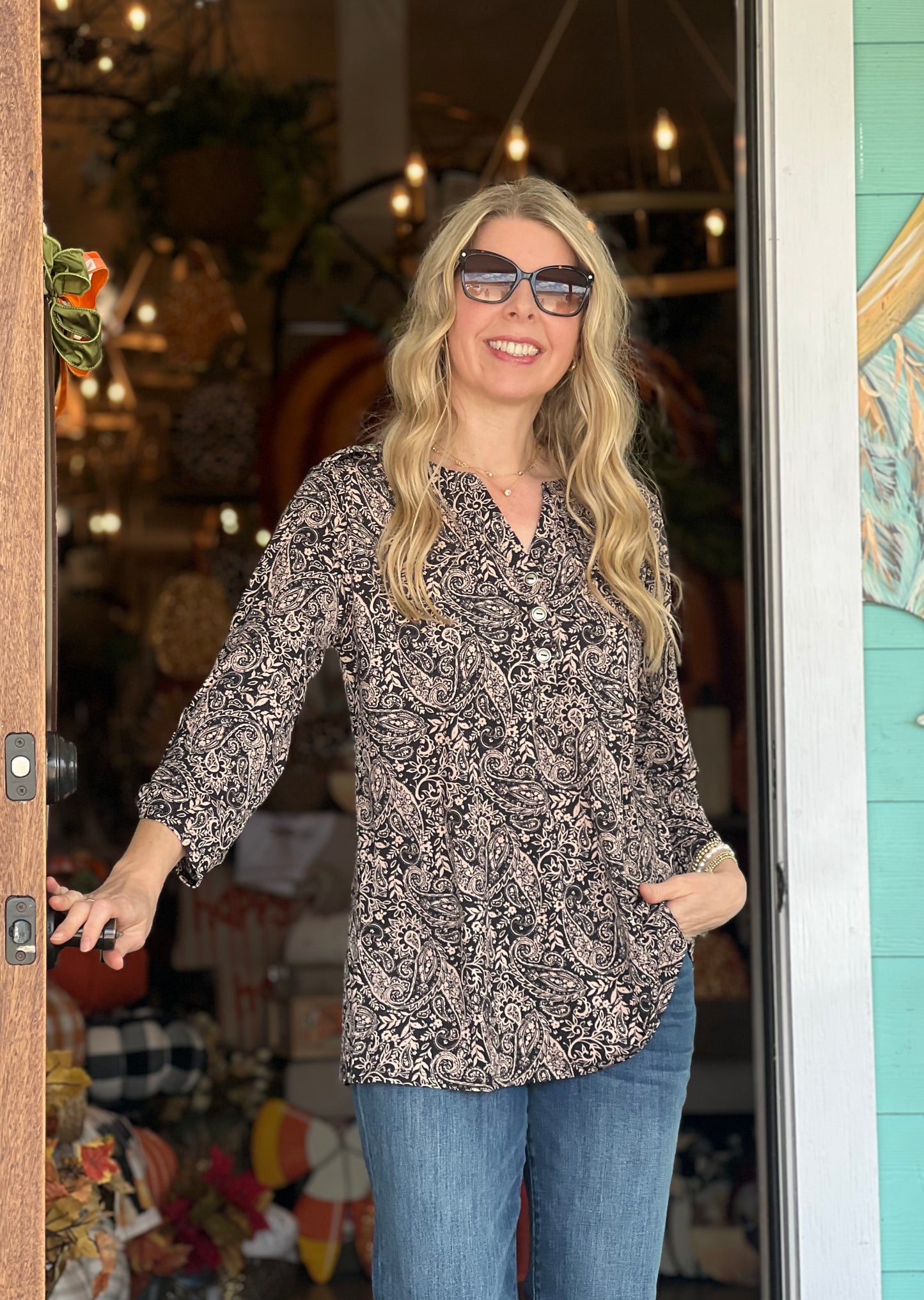 LizLuxe Black Print Button Top