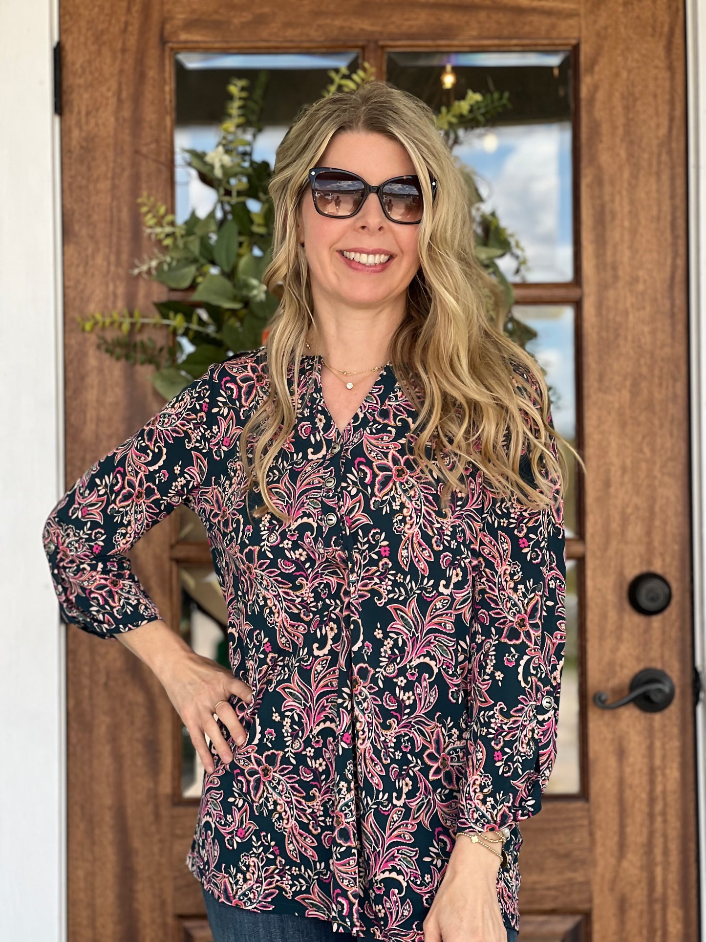 LizLuxe Dark Teal Print Button Top