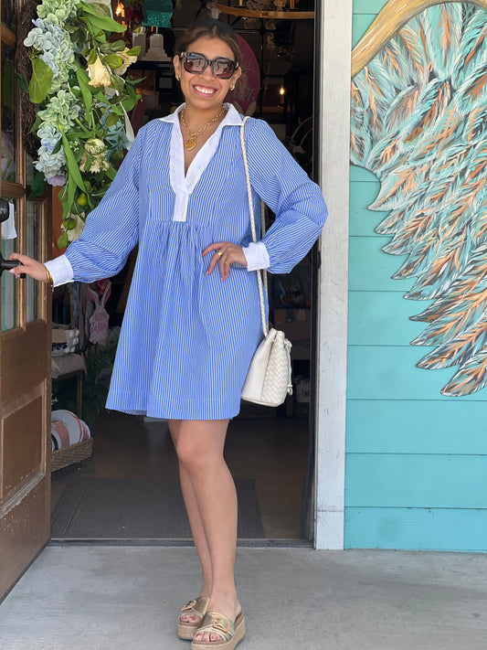 Blue Striped Long Sleeve Mini Dress