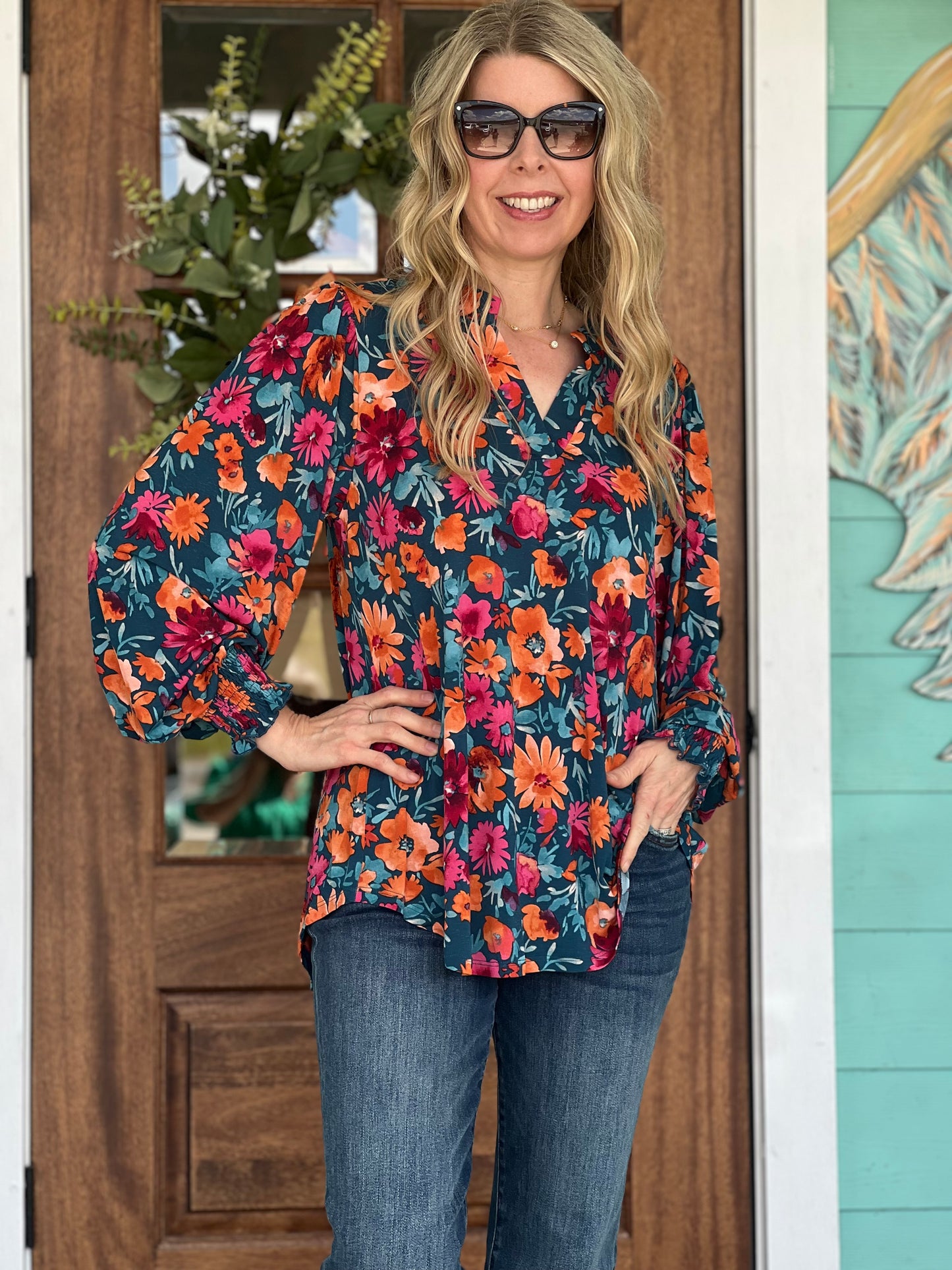 LizSmock Sleeve Dark Teal Multi Top