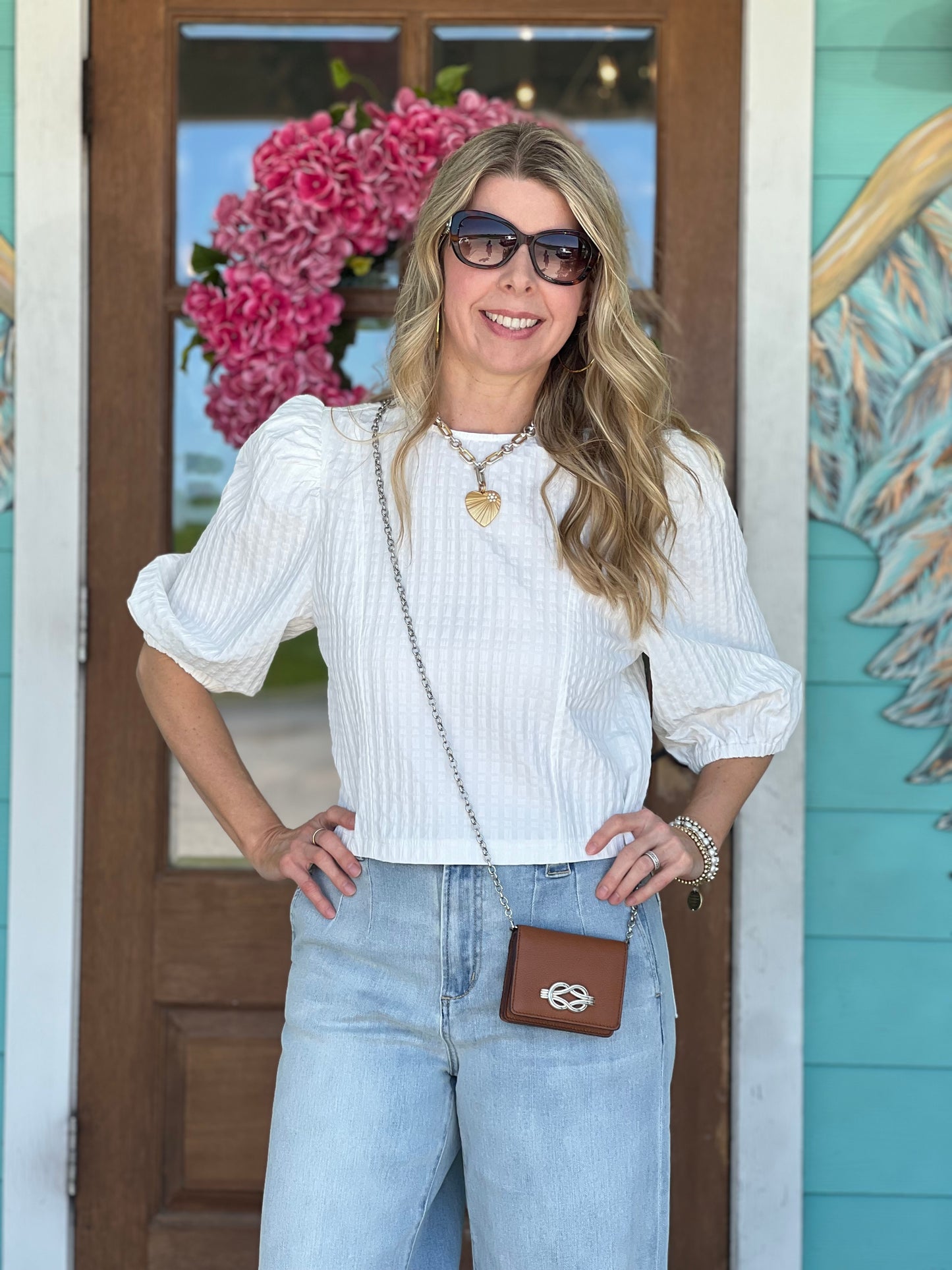 White Textured Puff Sleeve Top