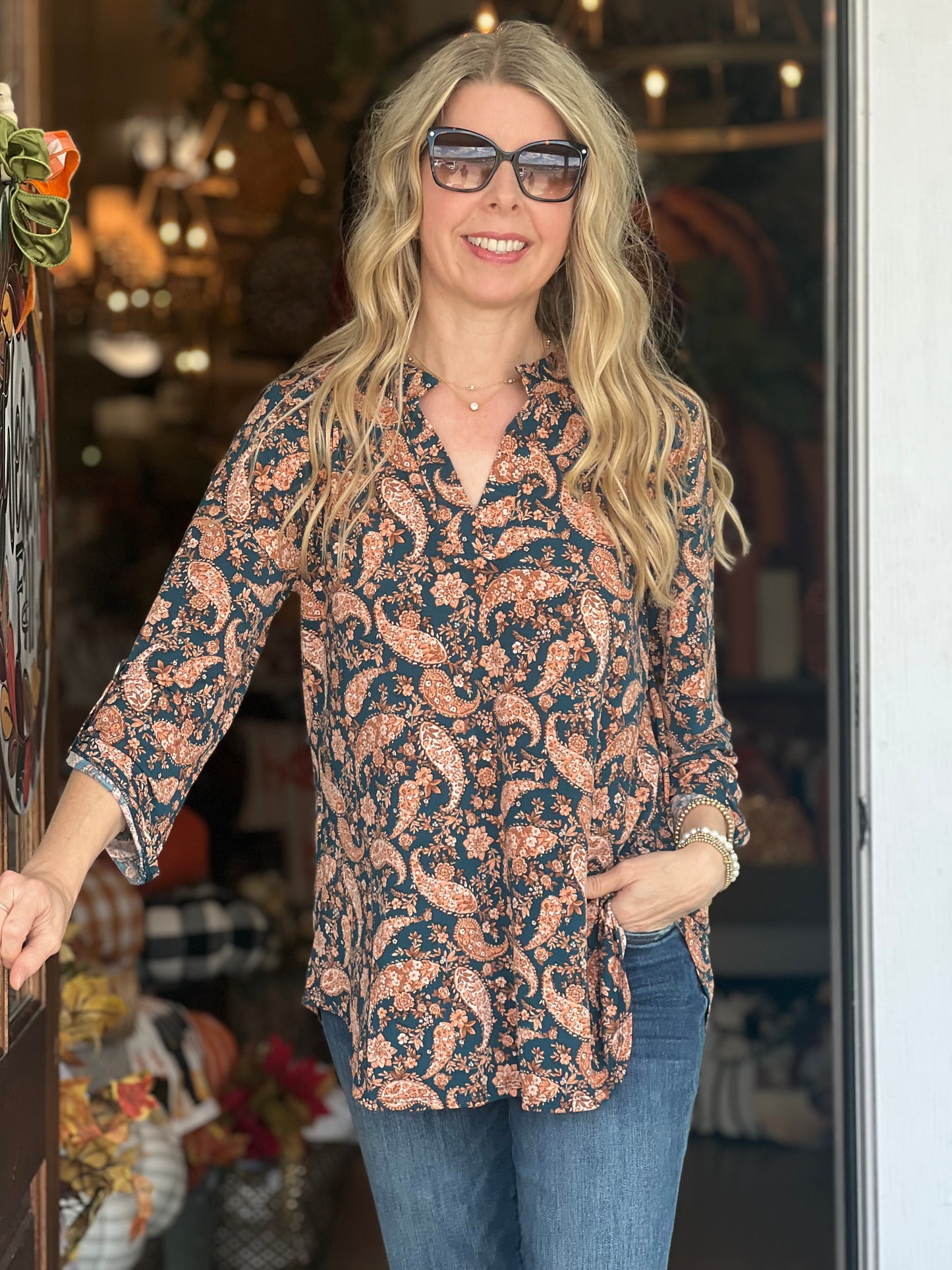 Lizzy Jewel Green Print 3/4 Sleeve Top