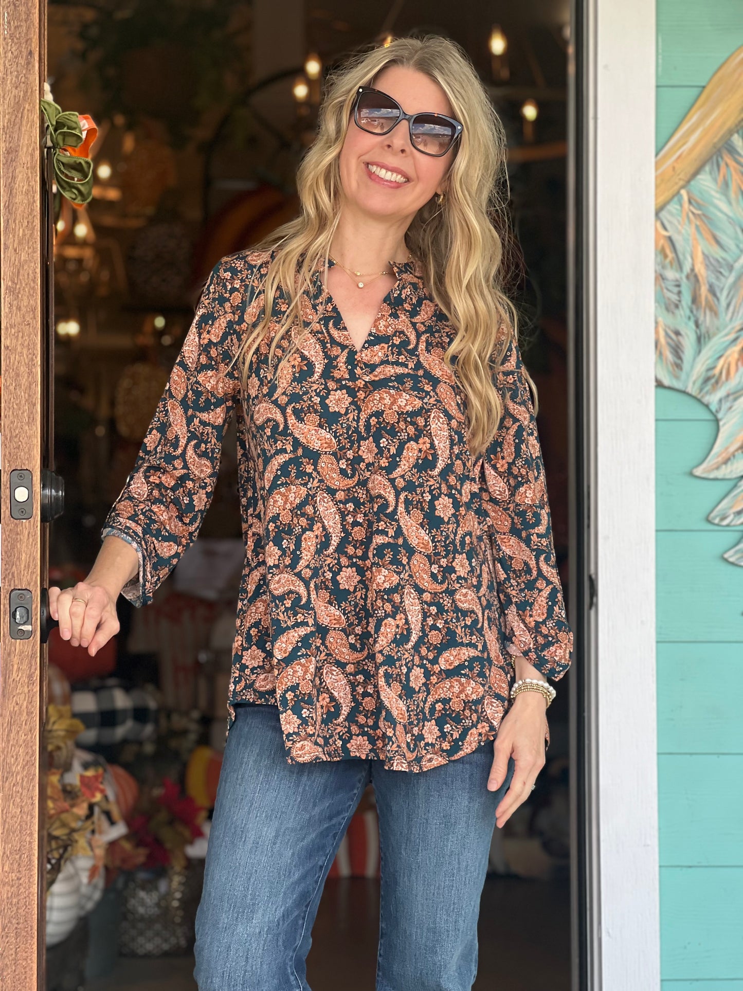 Lizzy Jewel Green Print 3/4 Sleeve Top