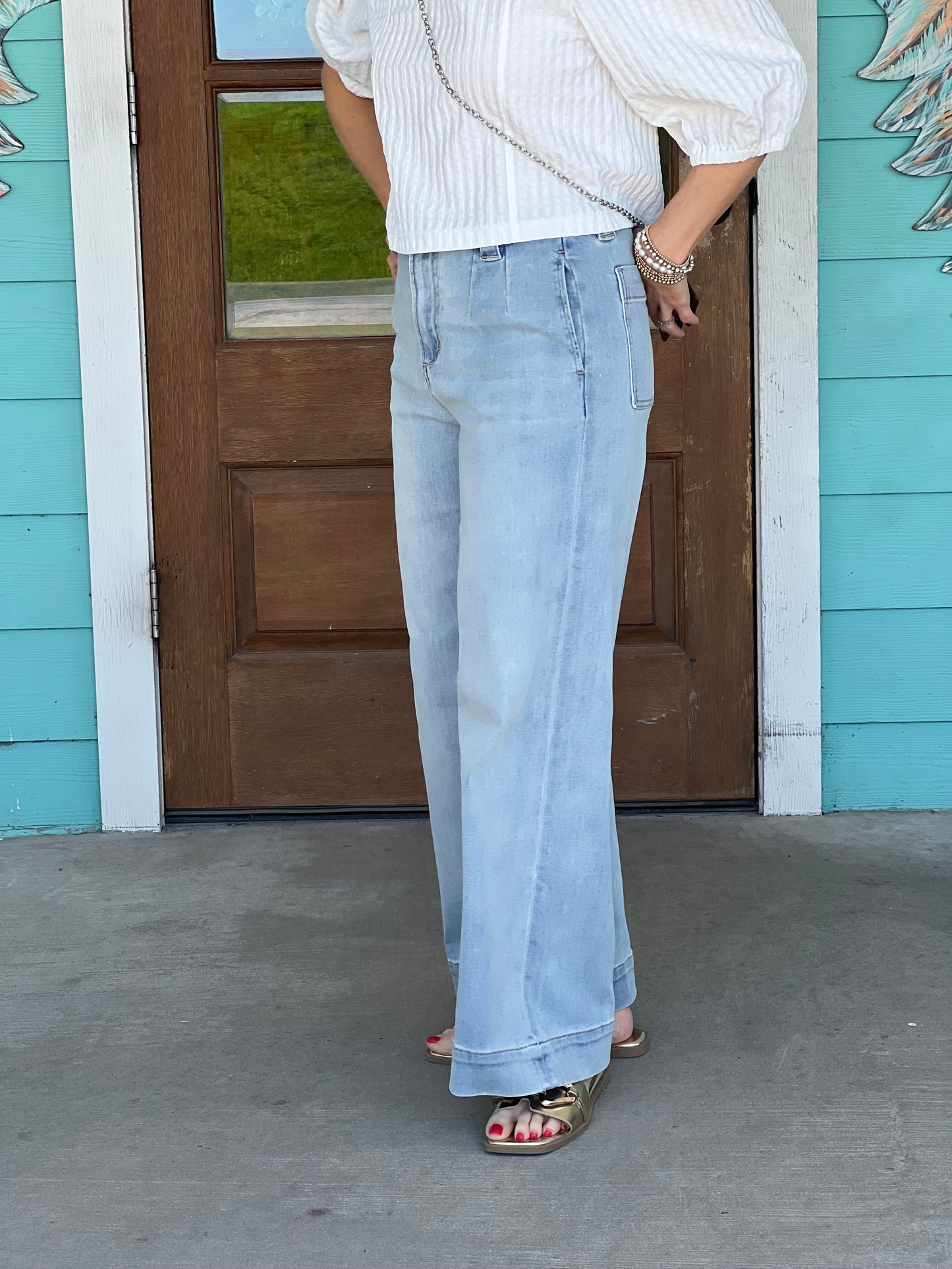 Light Denim Drawstring Wide Leg Pants