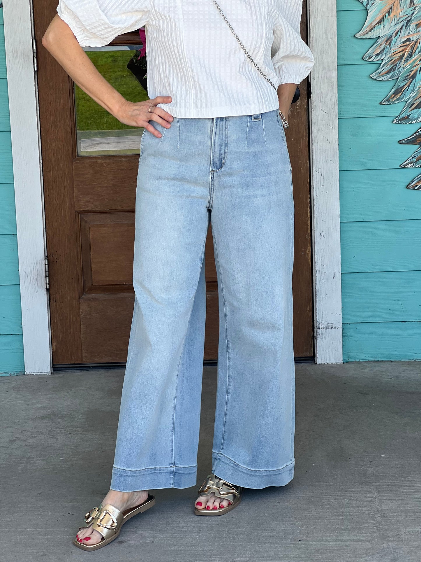 Light Denim Drawstring Wide Leg Pants