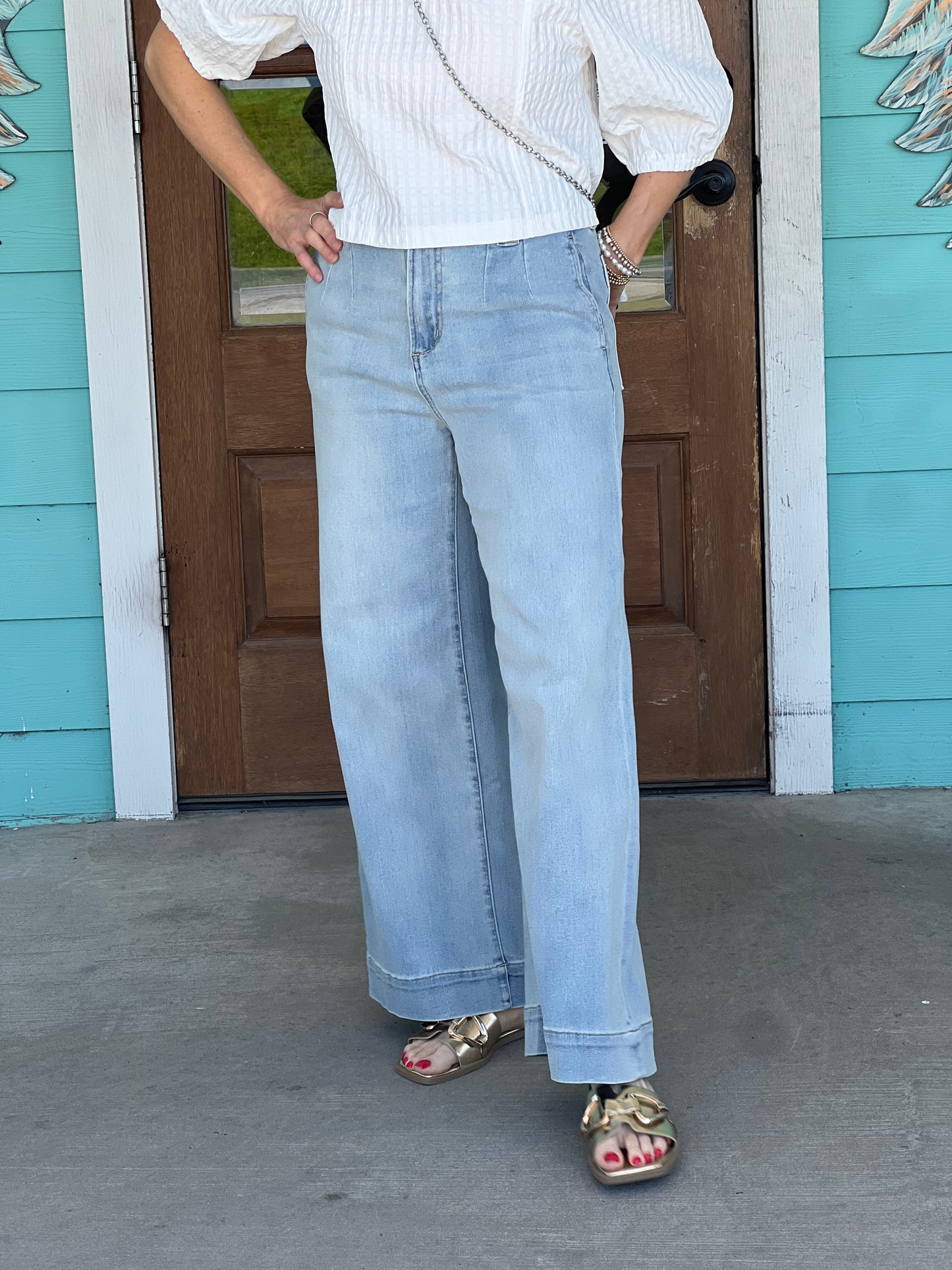 Light Denim Drawstring Wide Leg Pants