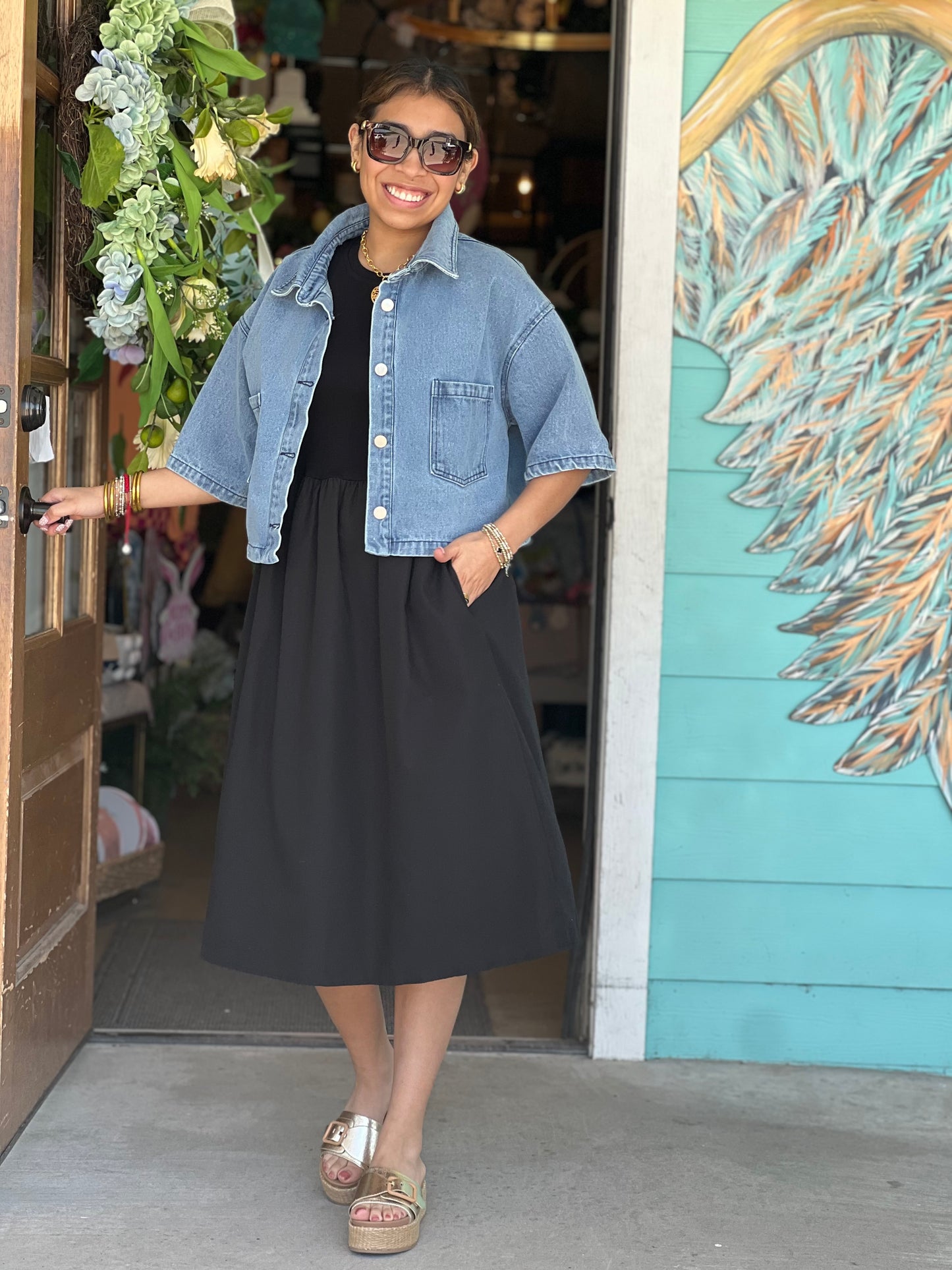 Black Knit and Poplin Midi Dress