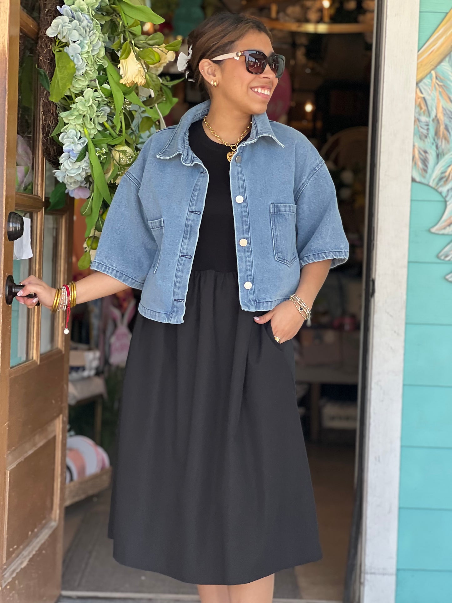 Black Knit and Poplin Midi Dress