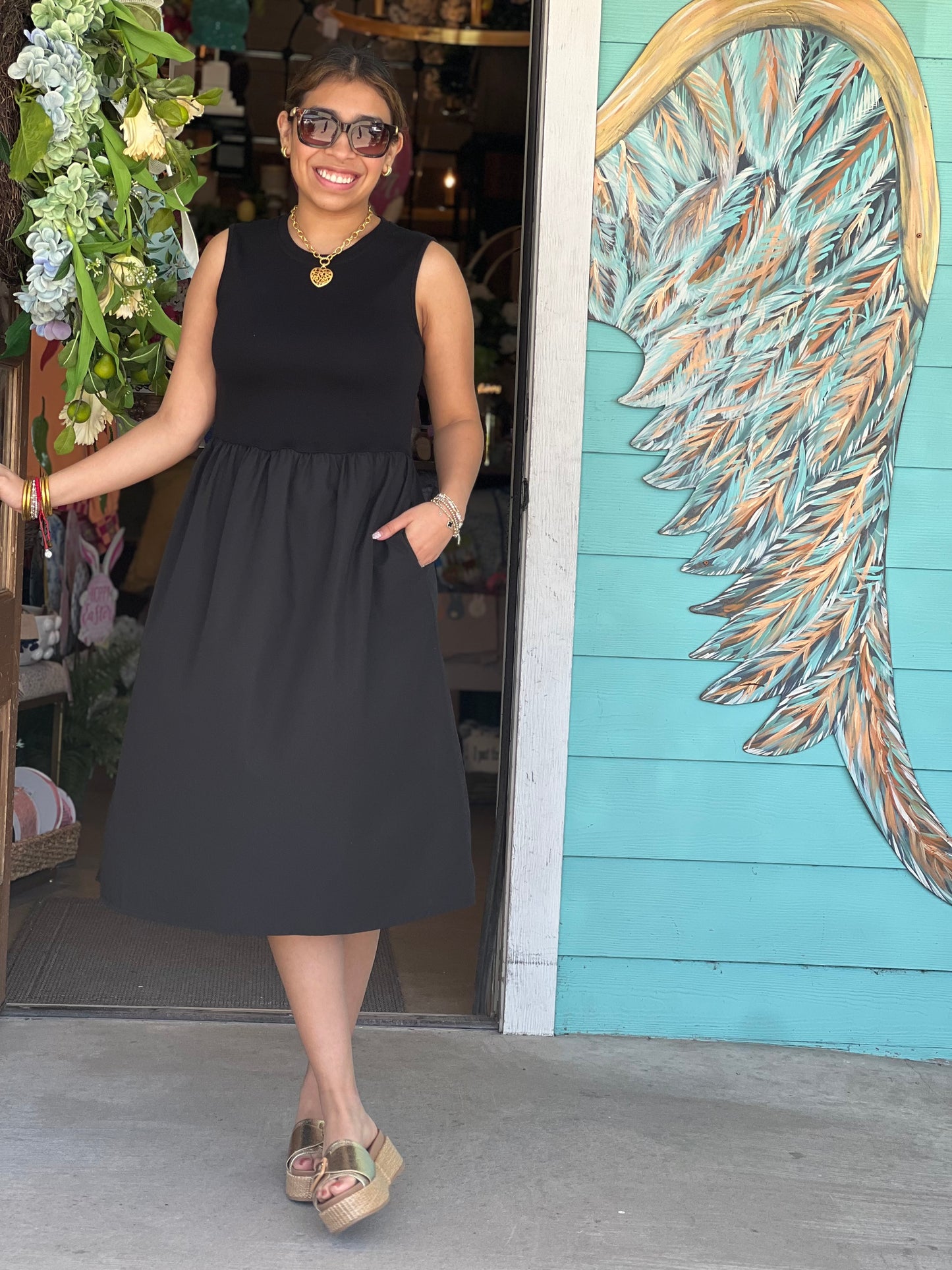 Black Knit and Poplin Midi Dress