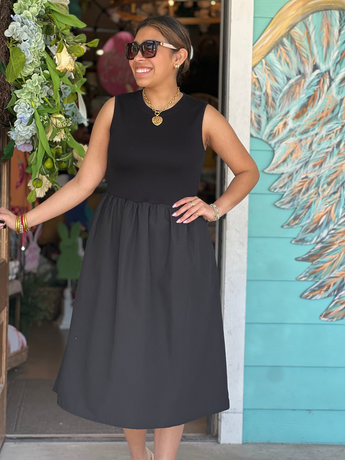 Black Knit and Poplin Midi Dress