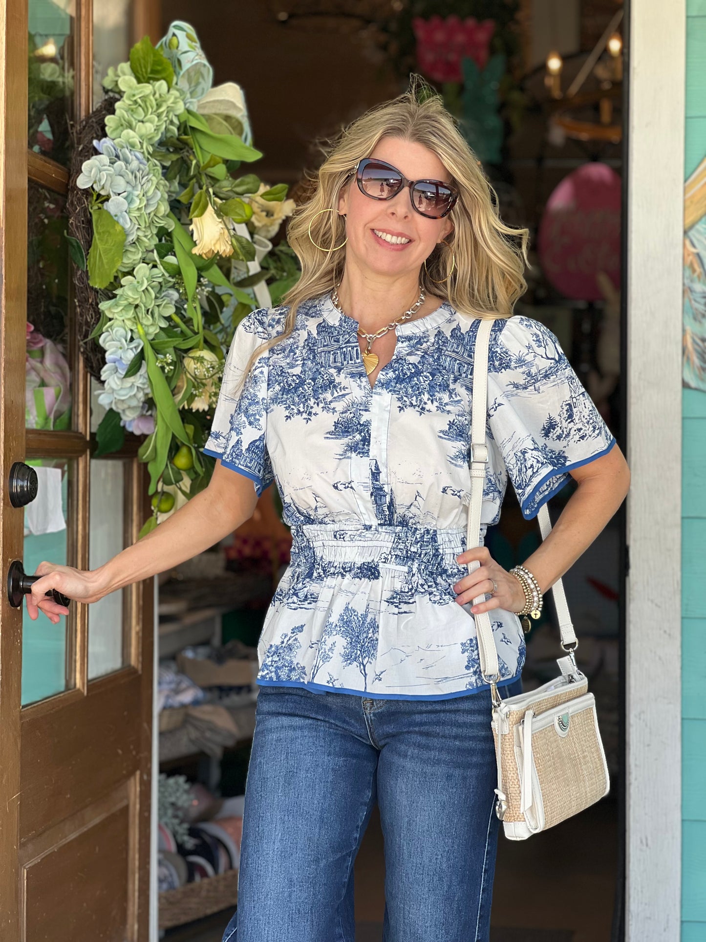 Blue Landscape Toile Print Top