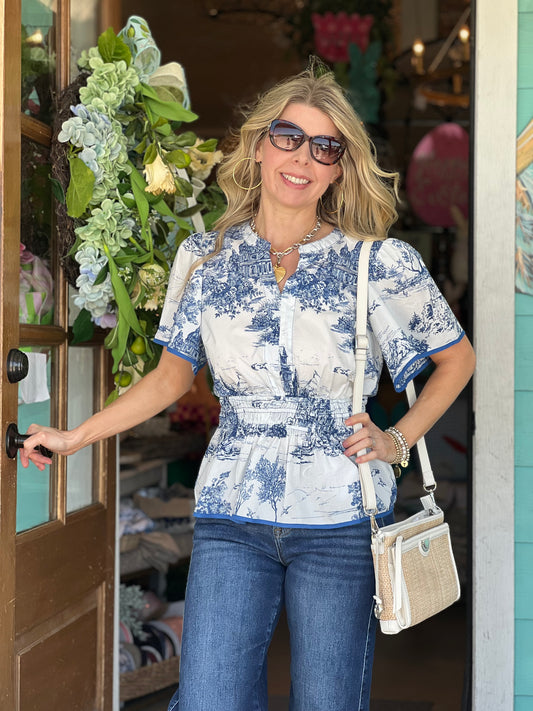 Blue Landscape Toile Print Top