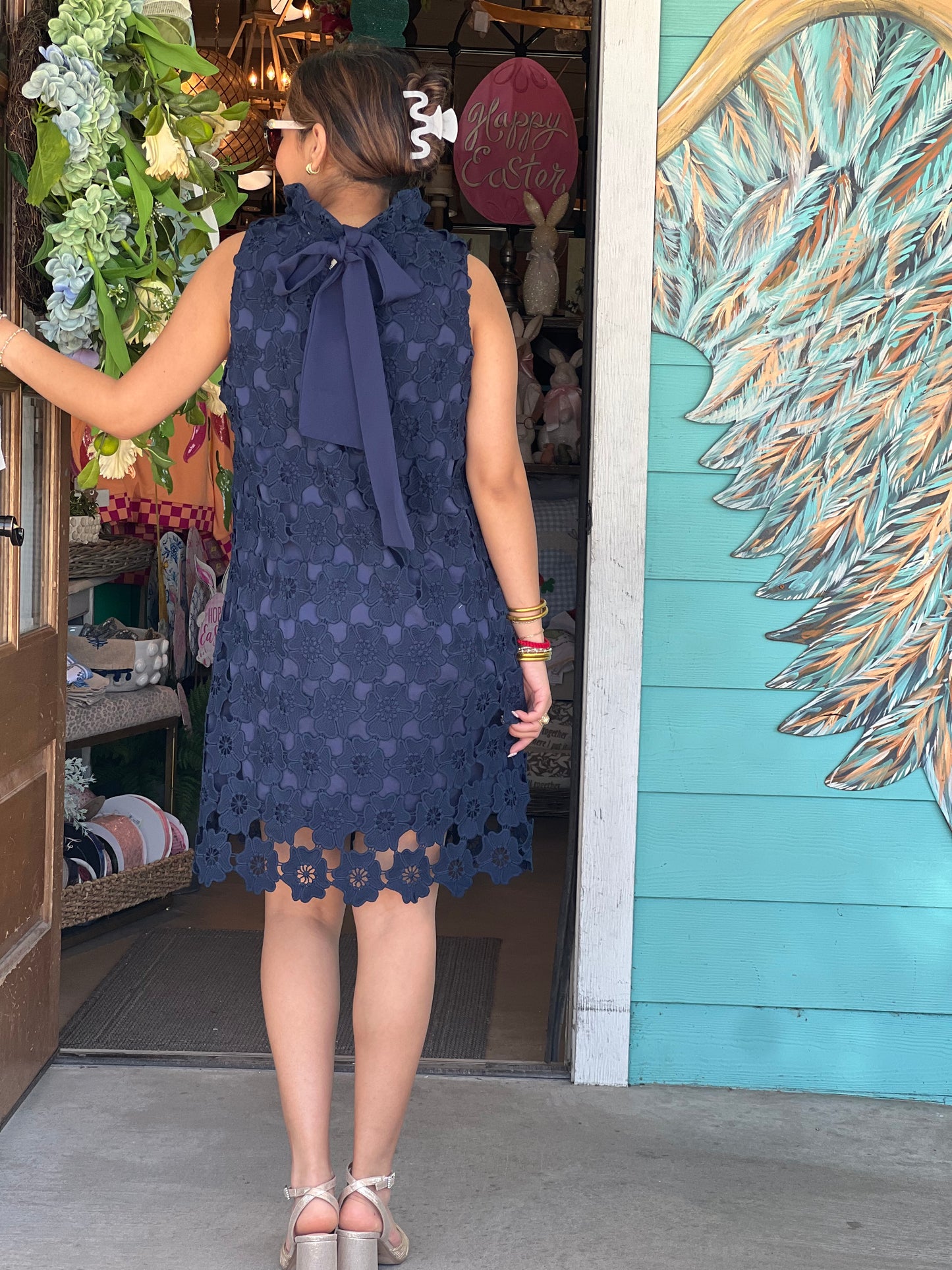 Navy Lace High Neck Sleeveless Dress