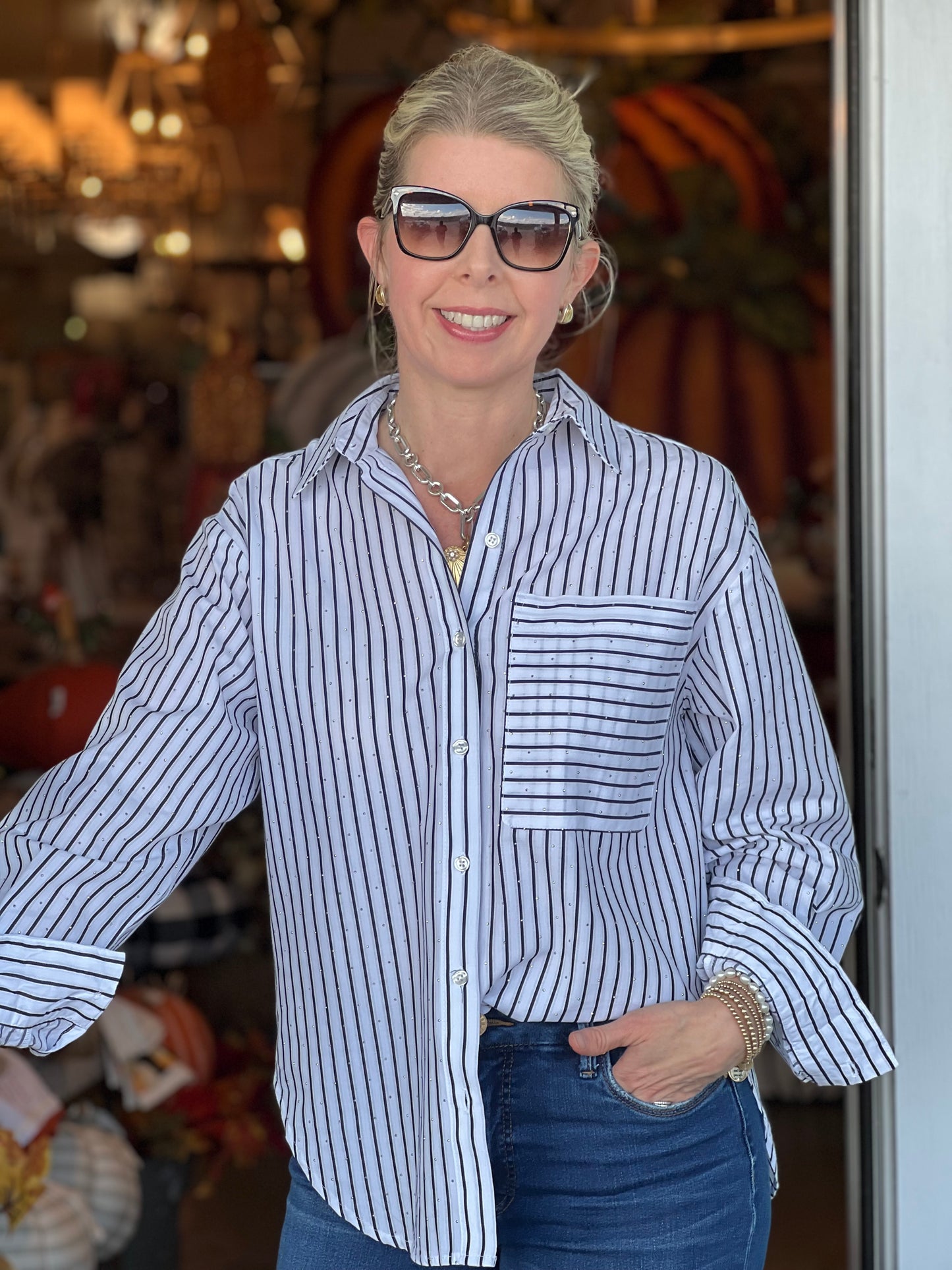 Gio Stripe Sparkle Button Down Shirt