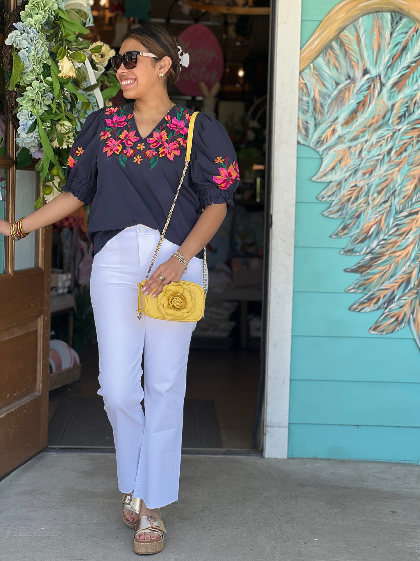 Navy Floral Embroidered Sleeve Top