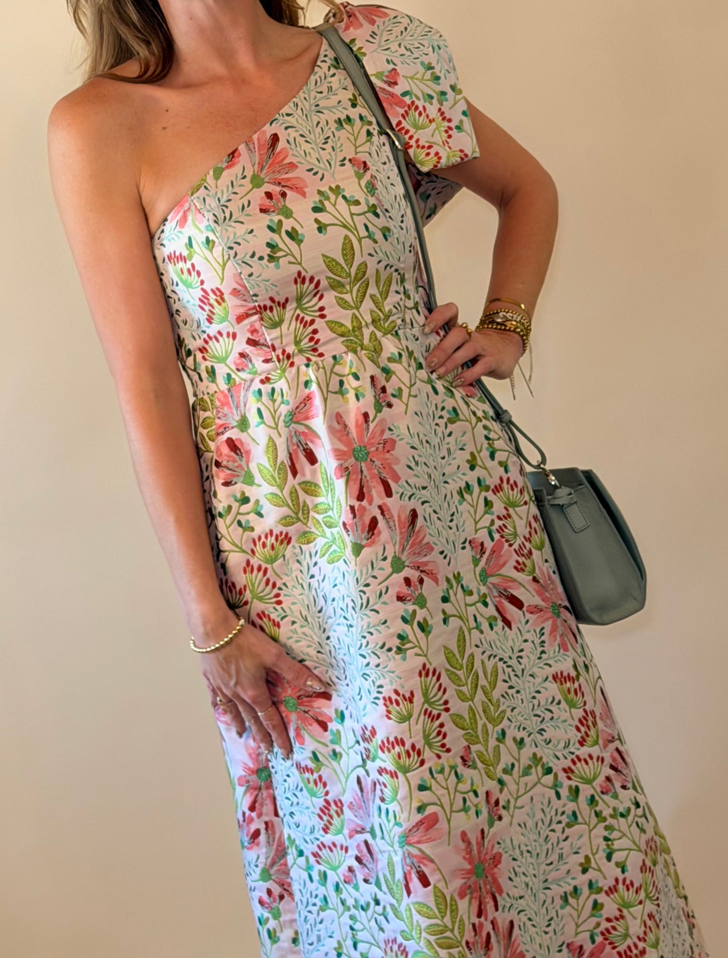 Pink Garden Floral One Shoulder Dress