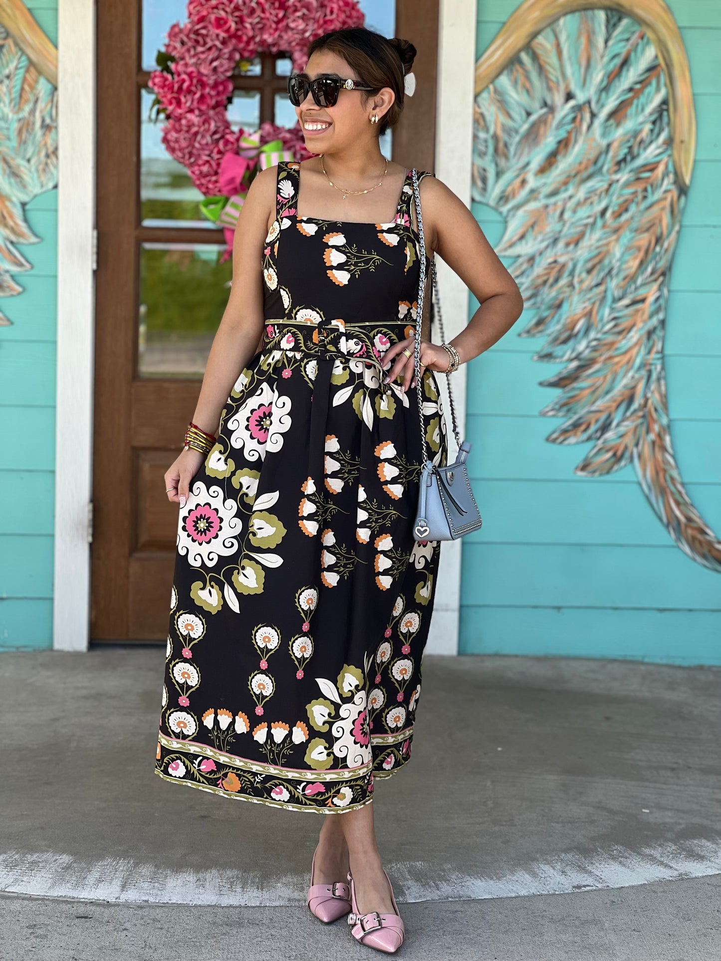 Black Swirl Floral Midi Dress