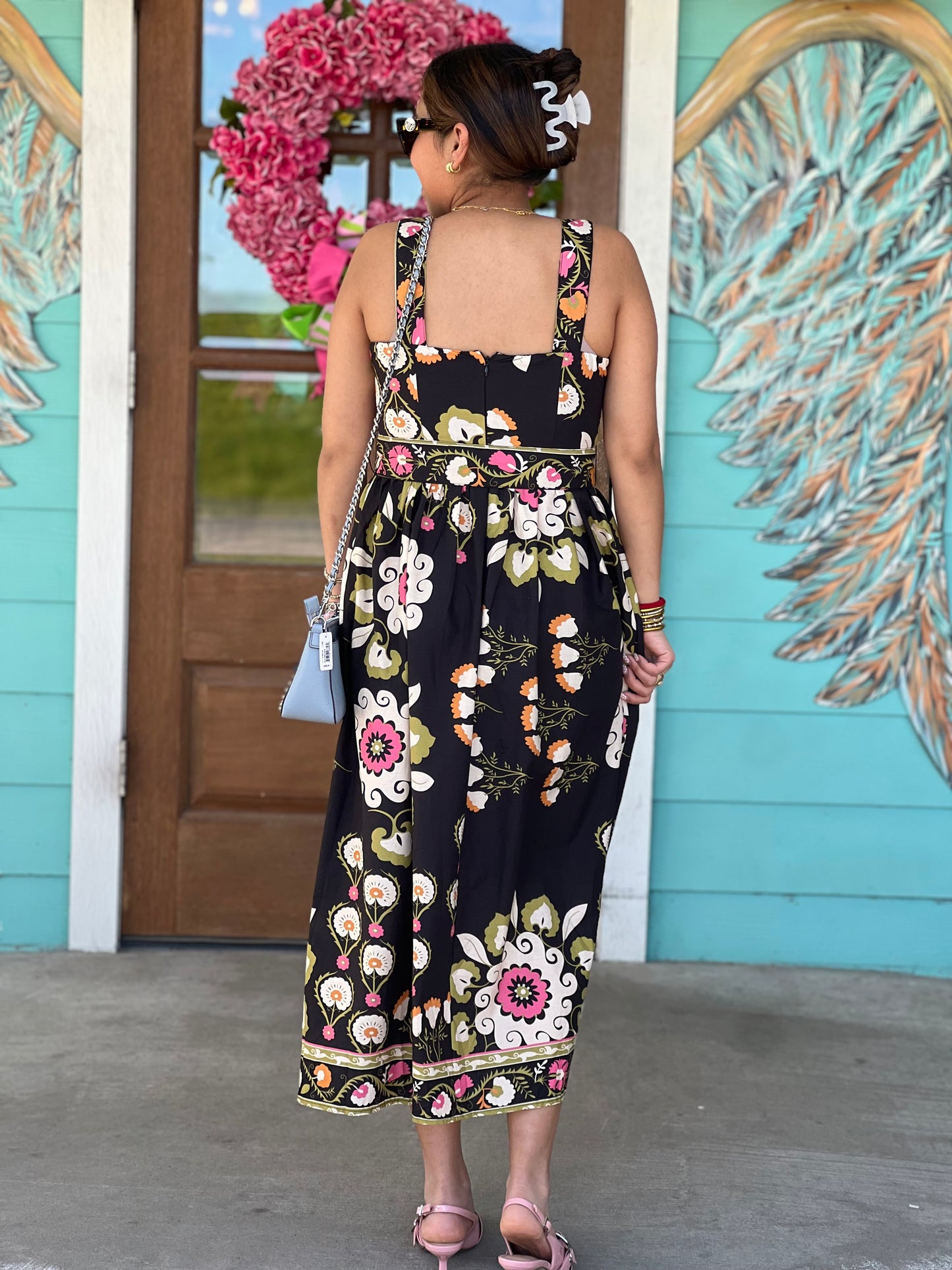 Black Swirl Floral Midi Dress