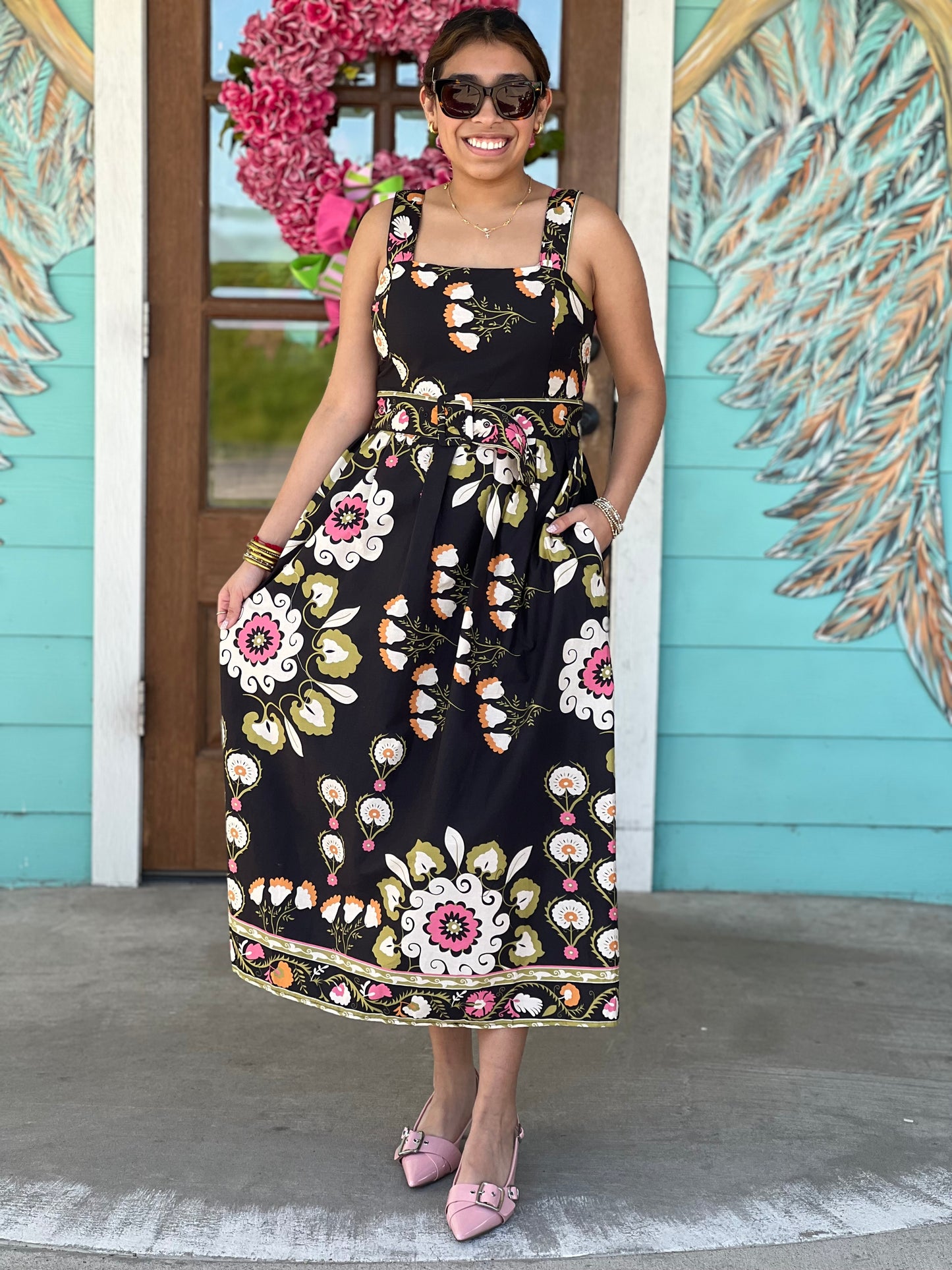 Black Swirl Floral Midi Dress