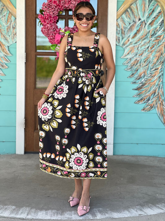 Black Swirl Floral Midi Dress