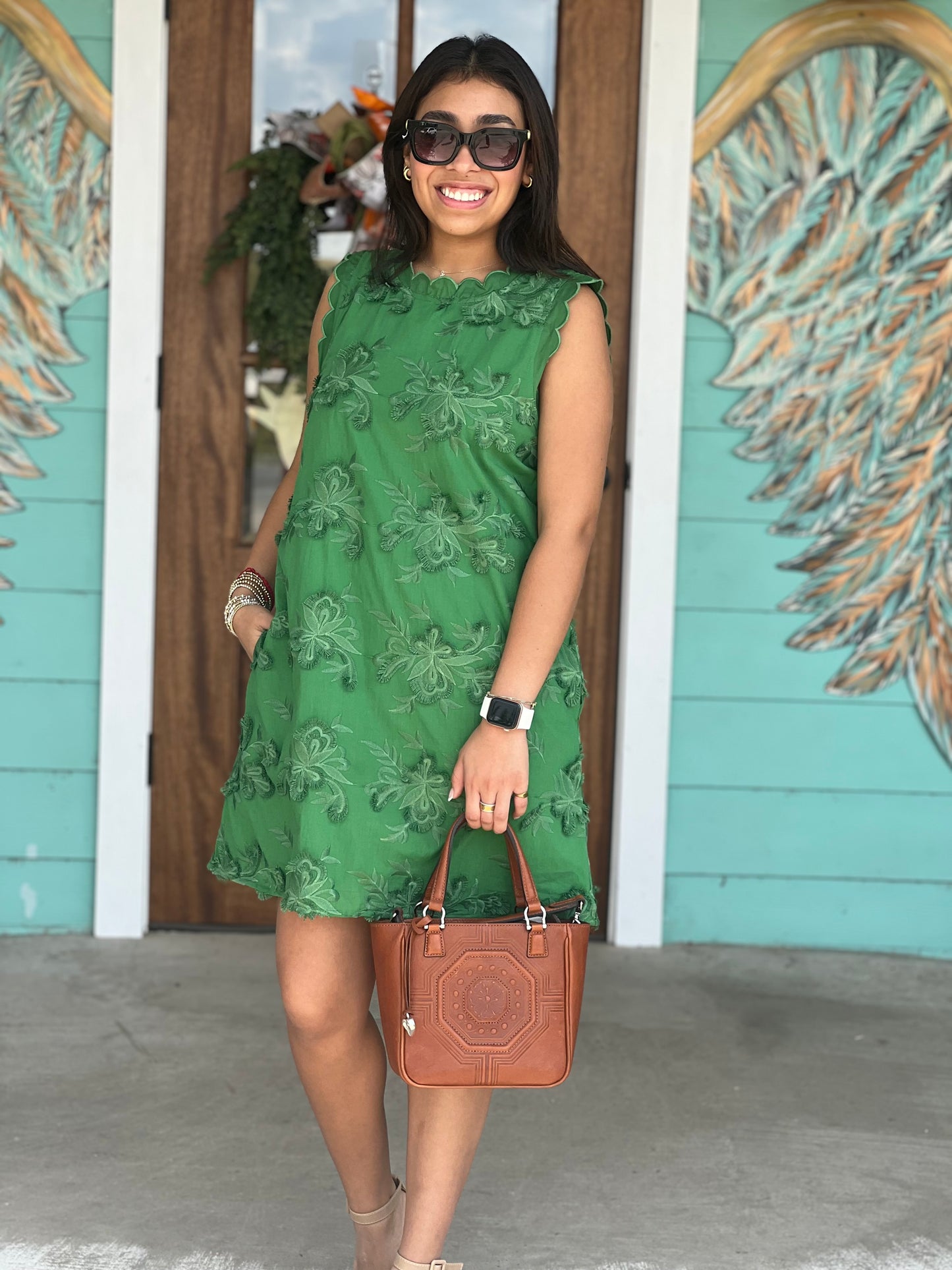 Basil Floral Applique Scallop Dress