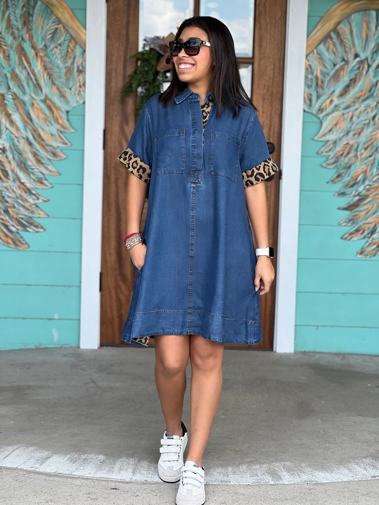 Dark Denim Leopard Trim Dress