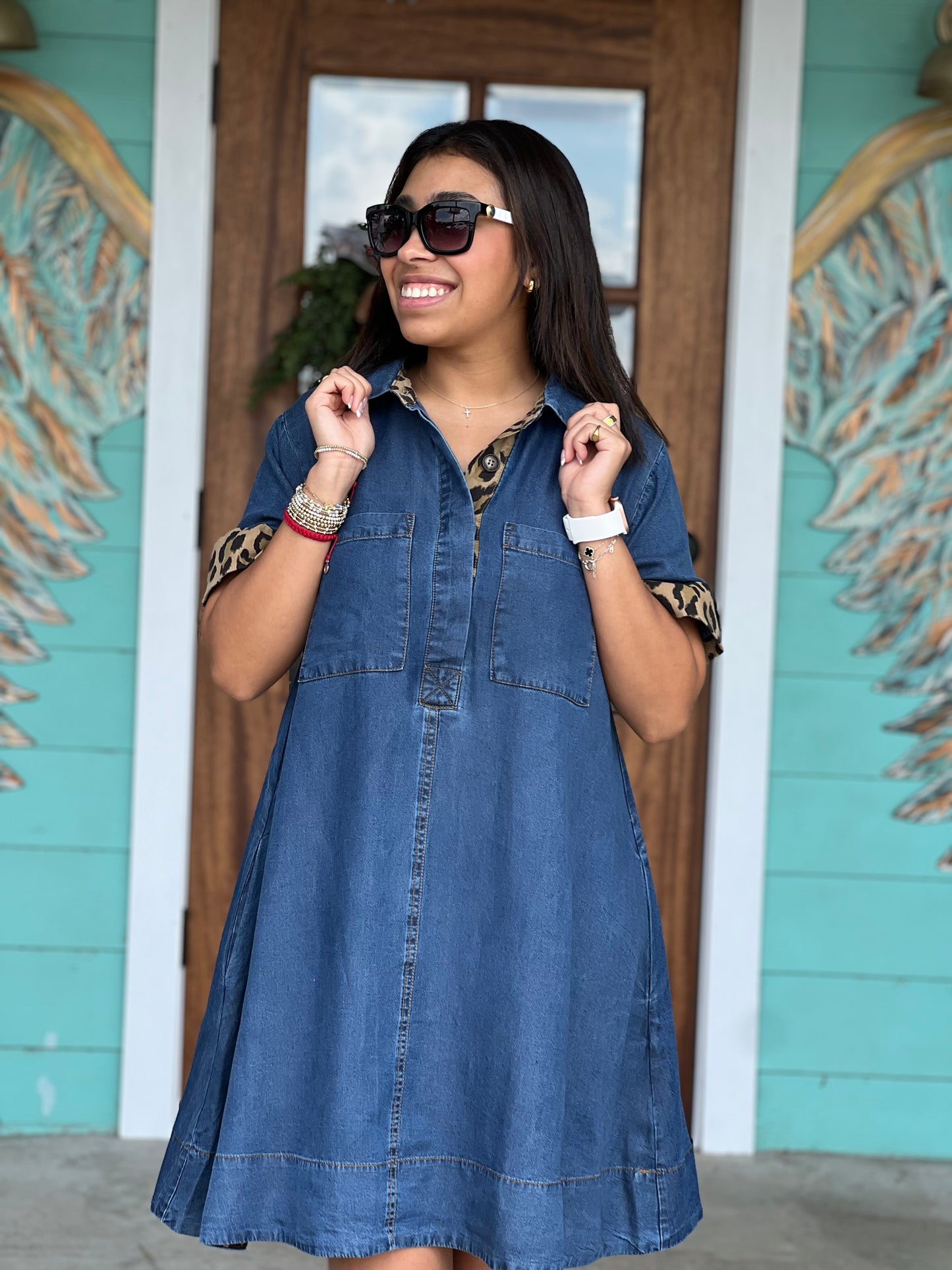 Dark Denim Leopard Trim Dress