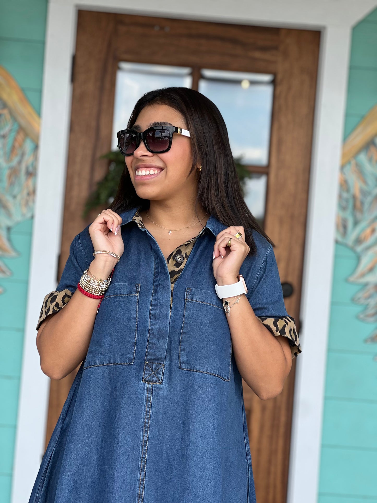 Dark Denim Leopard Trim Dress