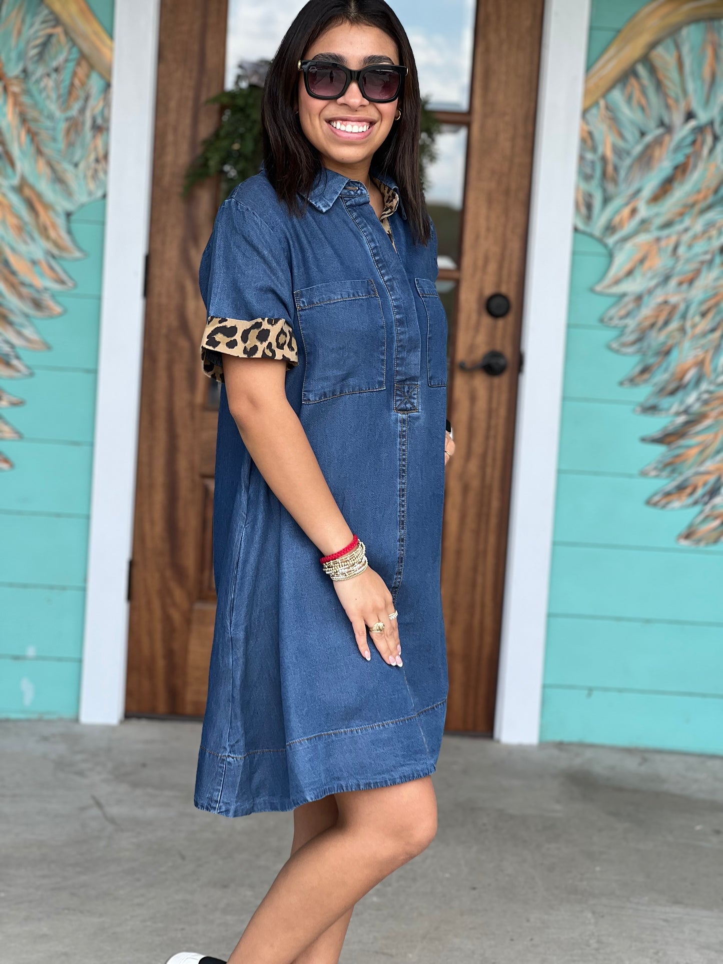 Dark Denim Leopard Trim Dress