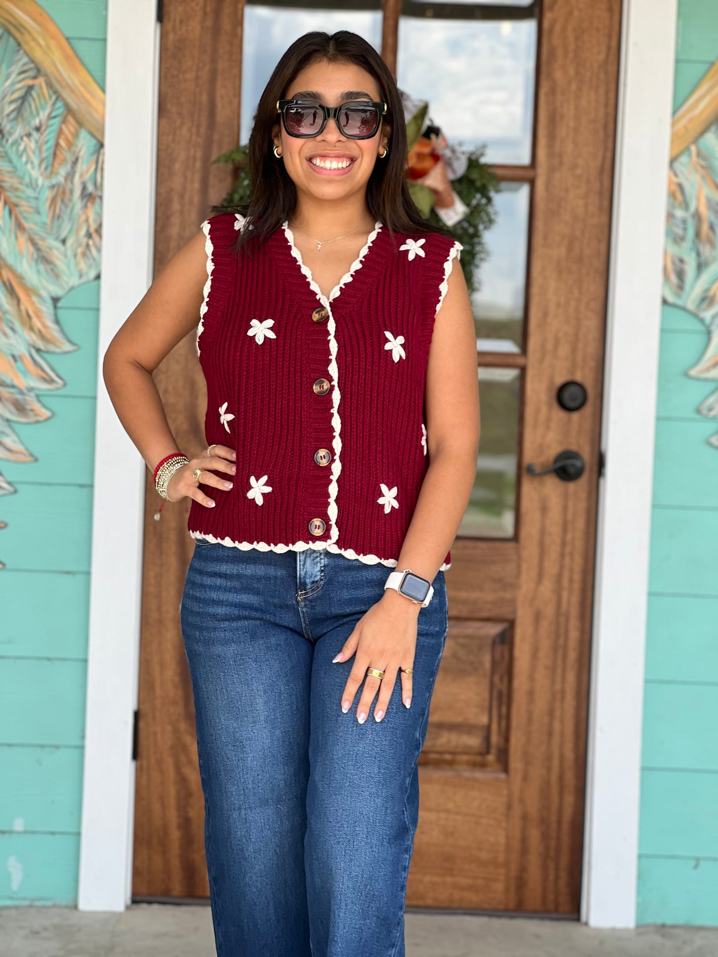 Maroon Embroidered Flower Sweater Vest