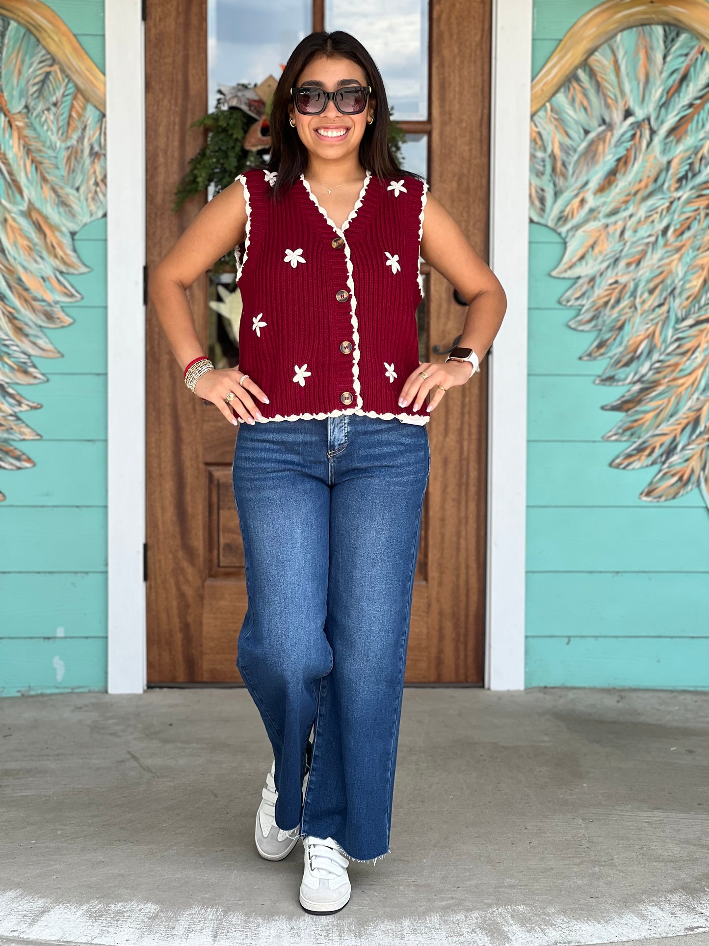Maroon Embroidered Flower Sweater Vest